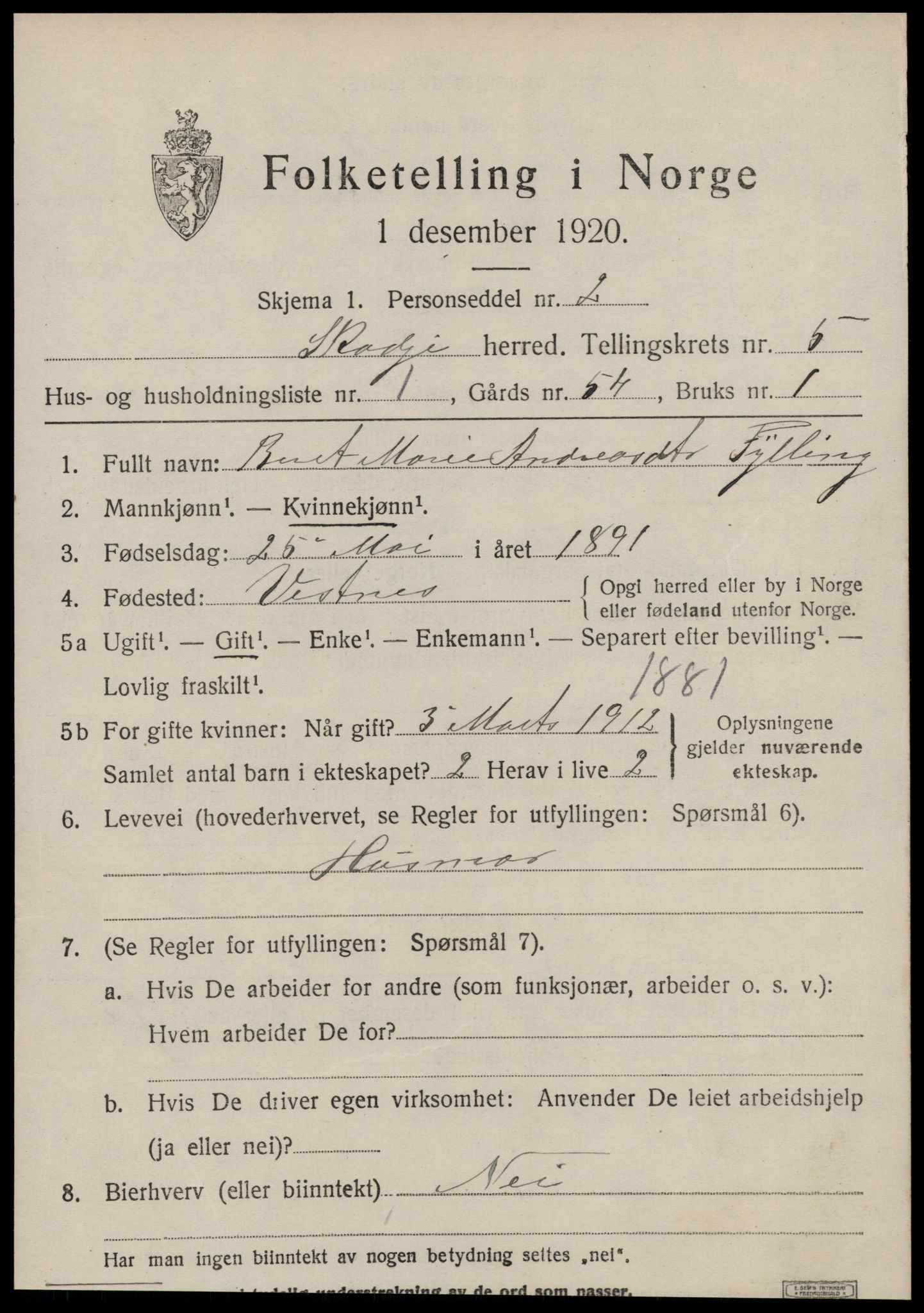 SAT, 1920 census for Skodje, 1920, p. 2299