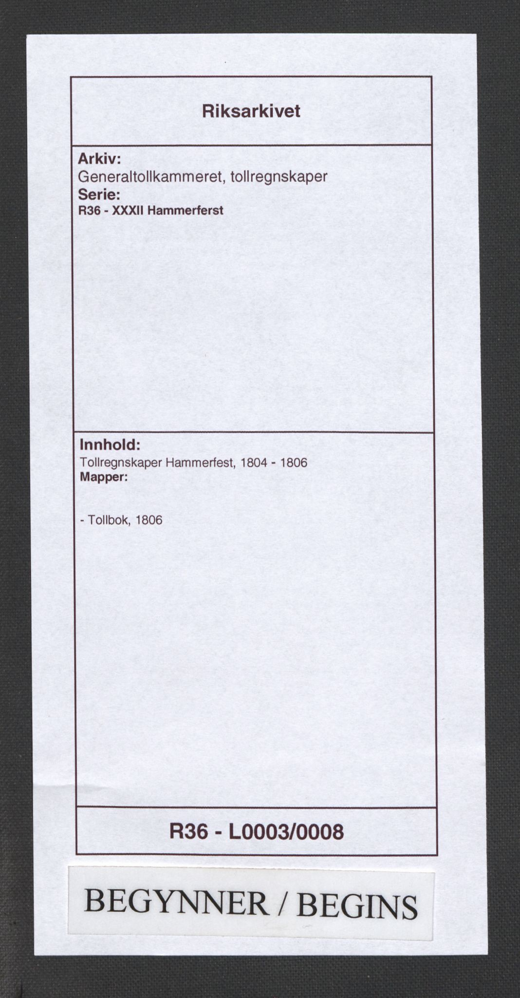 Generaltollkammeret, tollregnskaper, AV/RA-EA-5490/R36/L0003/0008: Tollregnskaper Hammerfest / Tollbok, 1806