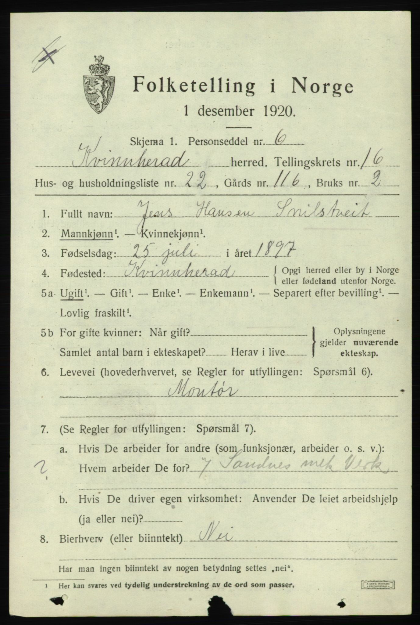 SAB, 1920 census for Kvinnherad, 1920, p. 10420