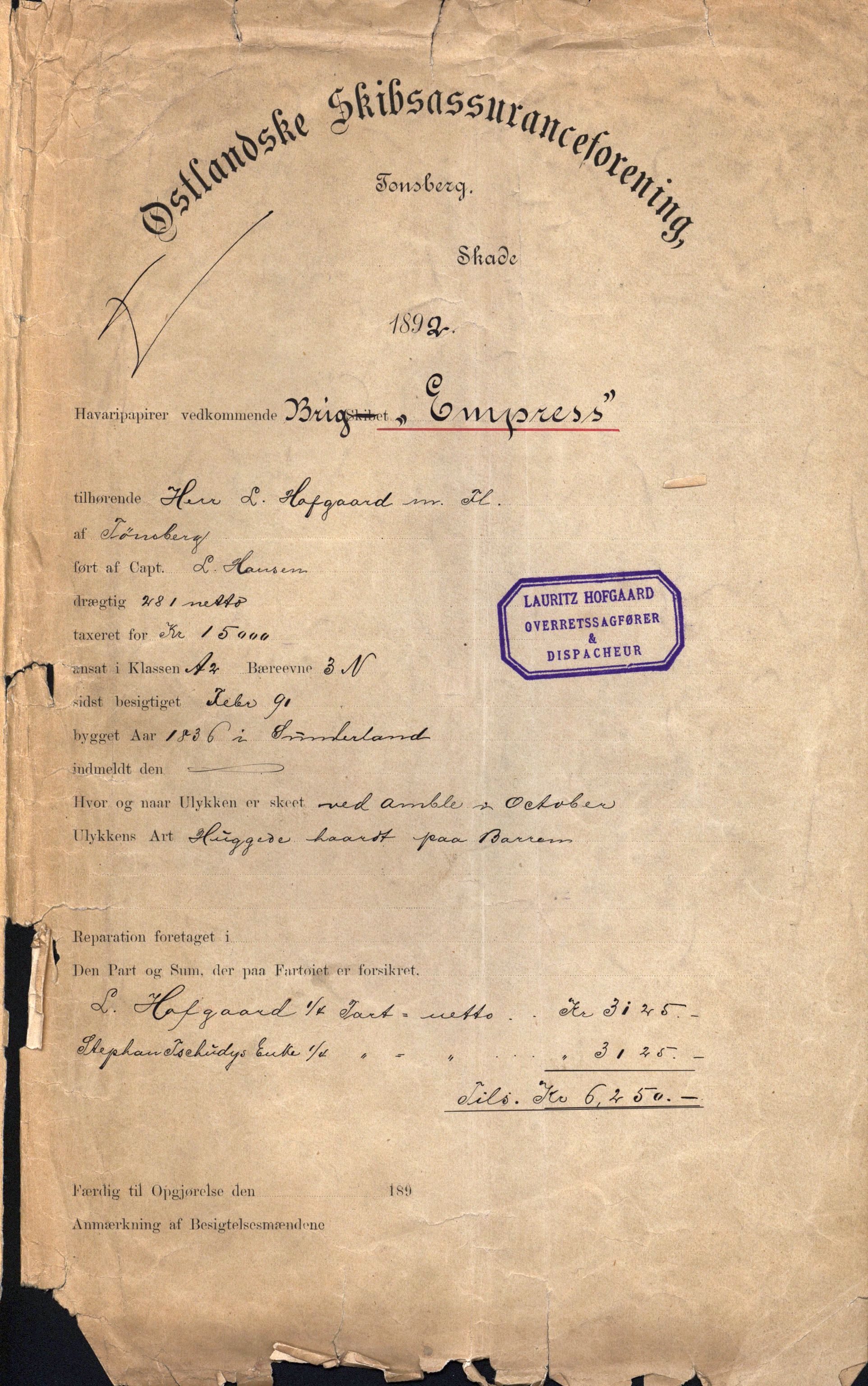 Pa 63 - Østlandske skibsassuranceforening, VEMU/A-1079/G/Ga/L0029/0005: Havaridokumenter / Empress, Else Kathrine, Elida, Vikingstad, Væni, 1892, p. 1