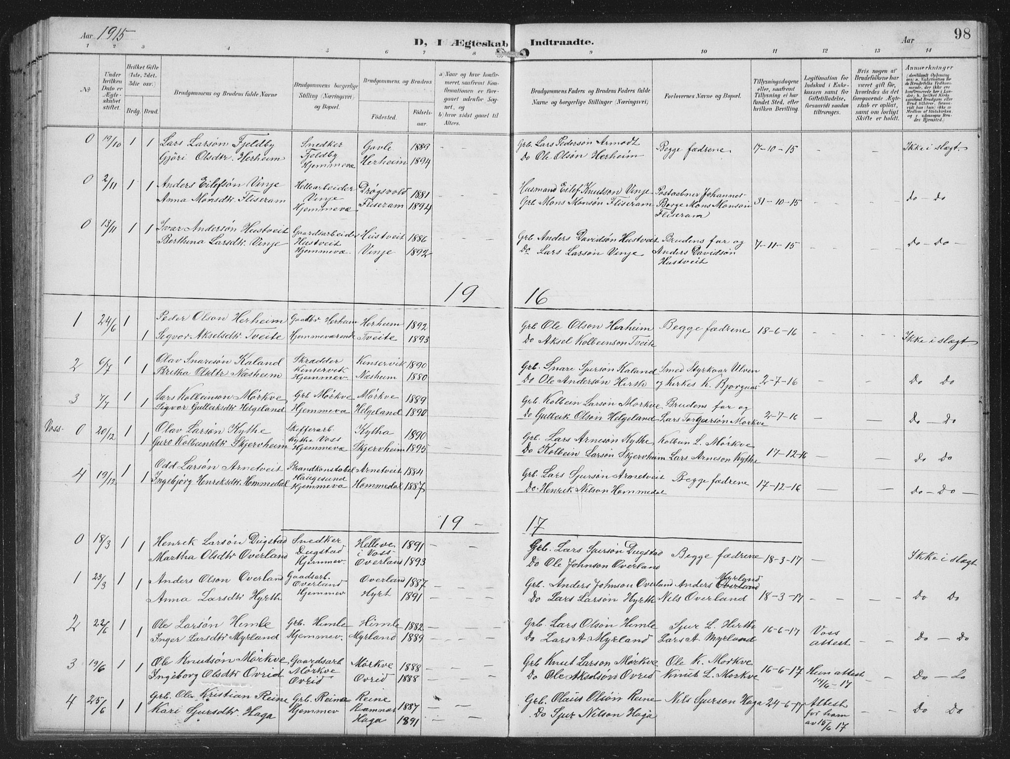 Vossestrand Sokneprestembete, AV/SAB-A-79101/H/Hab: Parish register (copy) no. B 4, 1894-1941, p. 98