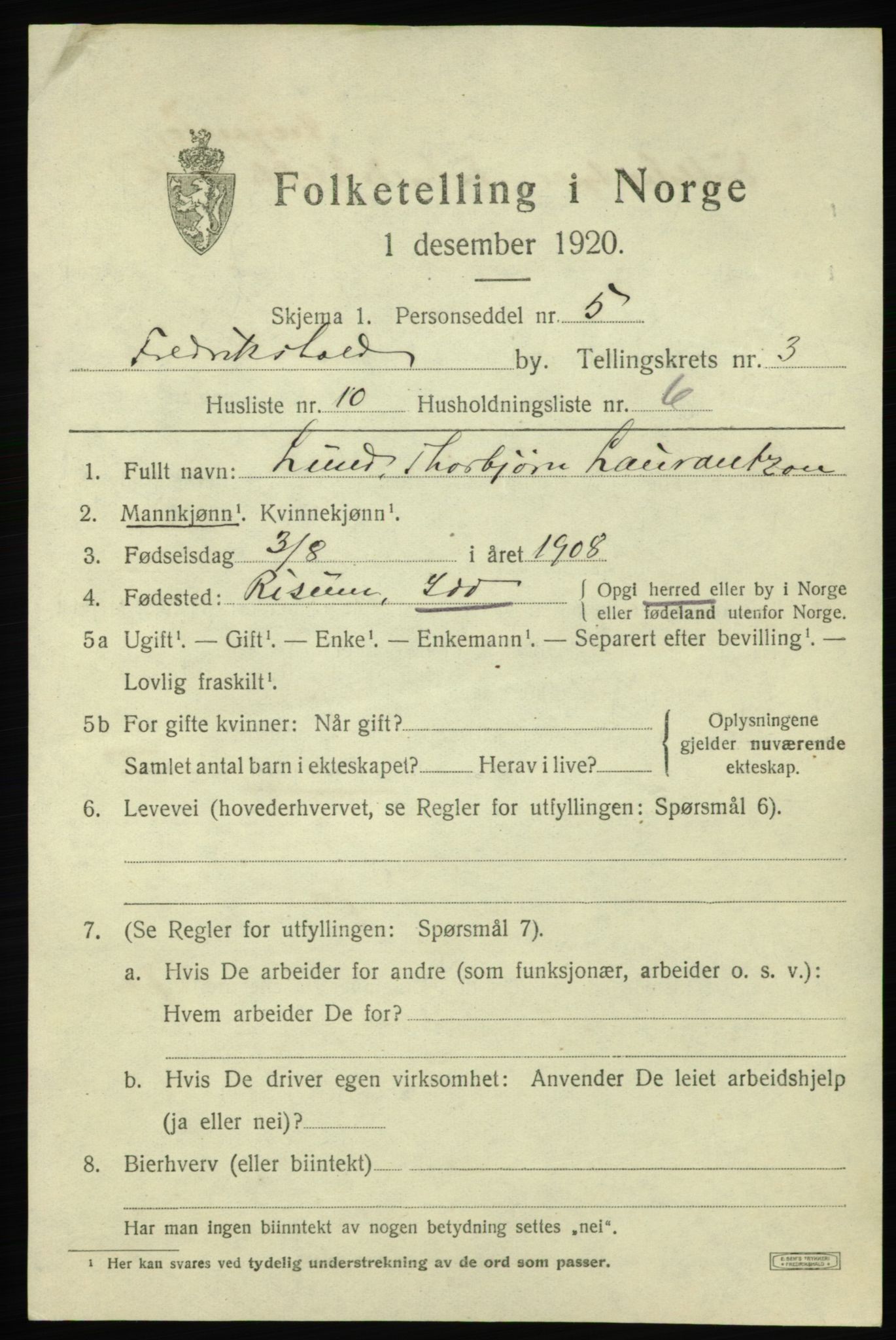 SAO, 1920 census for Fredrikshald, 1920, p. 10630