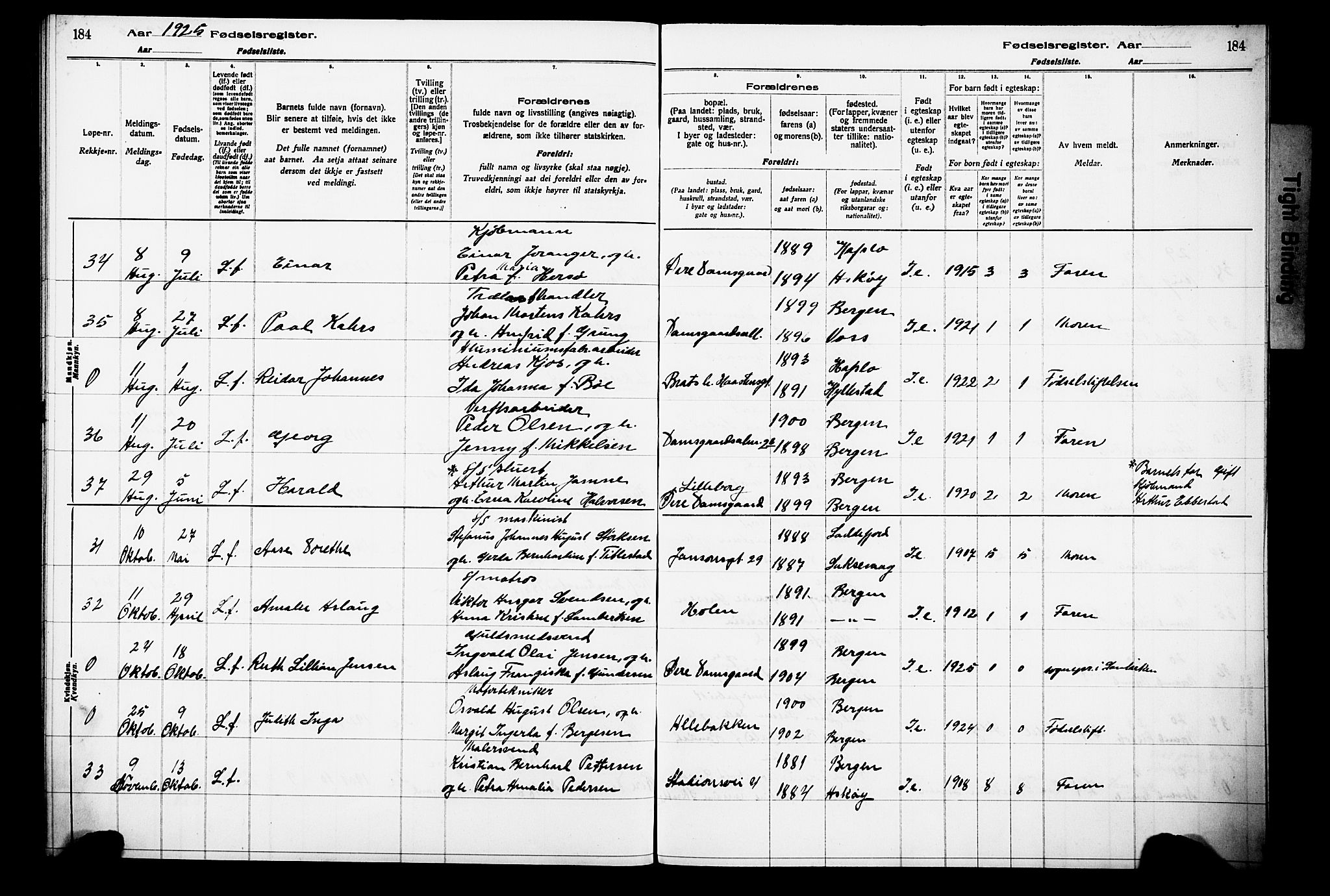 Laksevåg Sokneprestembete, AV/SAB-A-76501/I/Id/L00A1: Birth register no. A 1, 1916-1926, p. 184