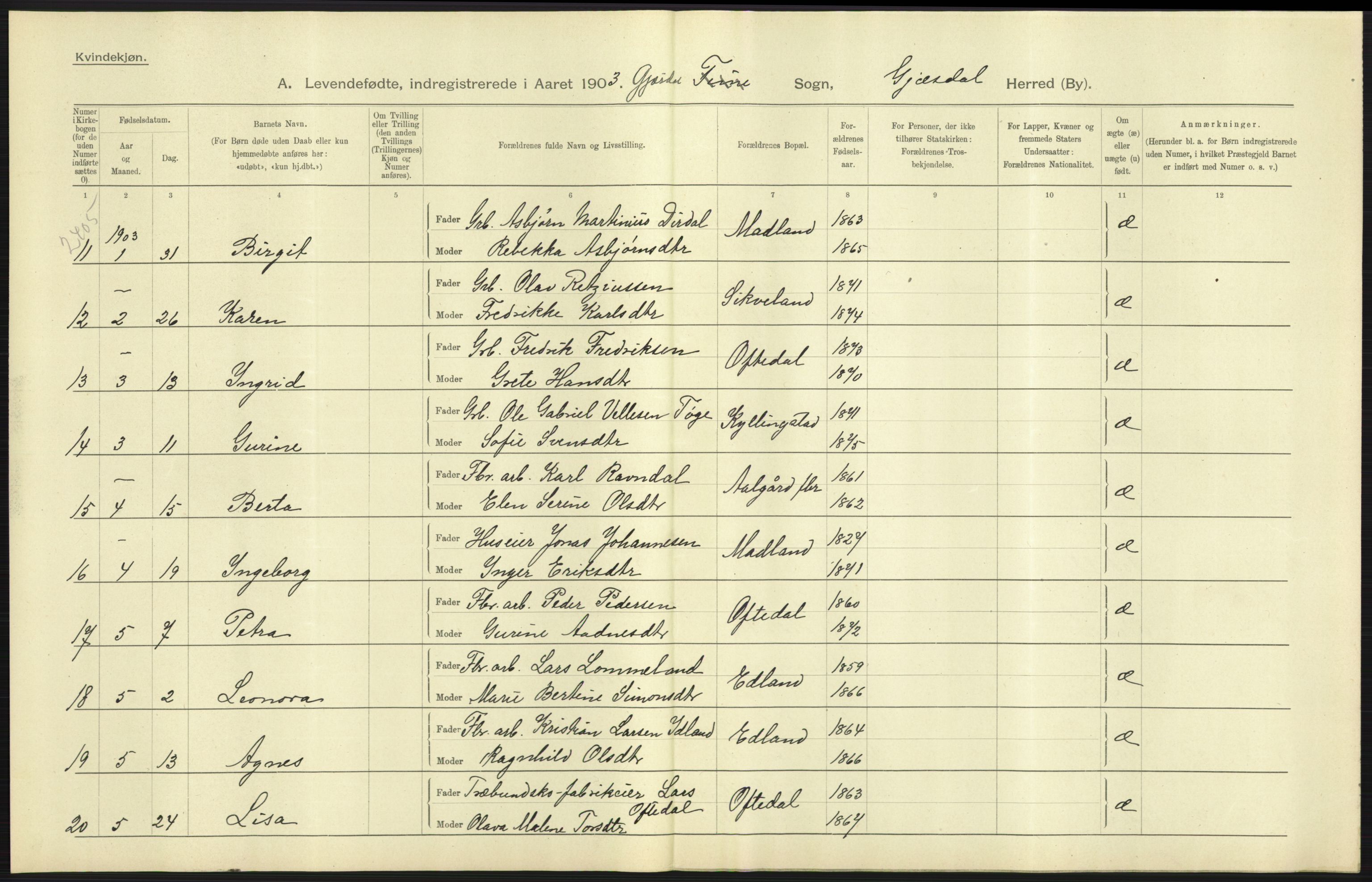 Statistisk sentralbyrå, Sosiodemografiske emner, Befolkning, AV/RA-S-2228/D/Df/Dfa/Dfaa/L0012: Stavanger amt: Fødte, gifte, døde, 1903, p. 21