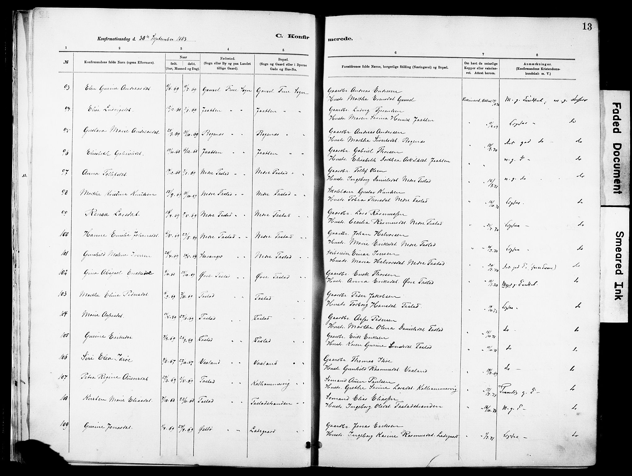 Hetland sokneprestkontor, SAST/A-101826/30/30BA/L0012: Parish register (official) no. A 12, 1882-1912, p. 13