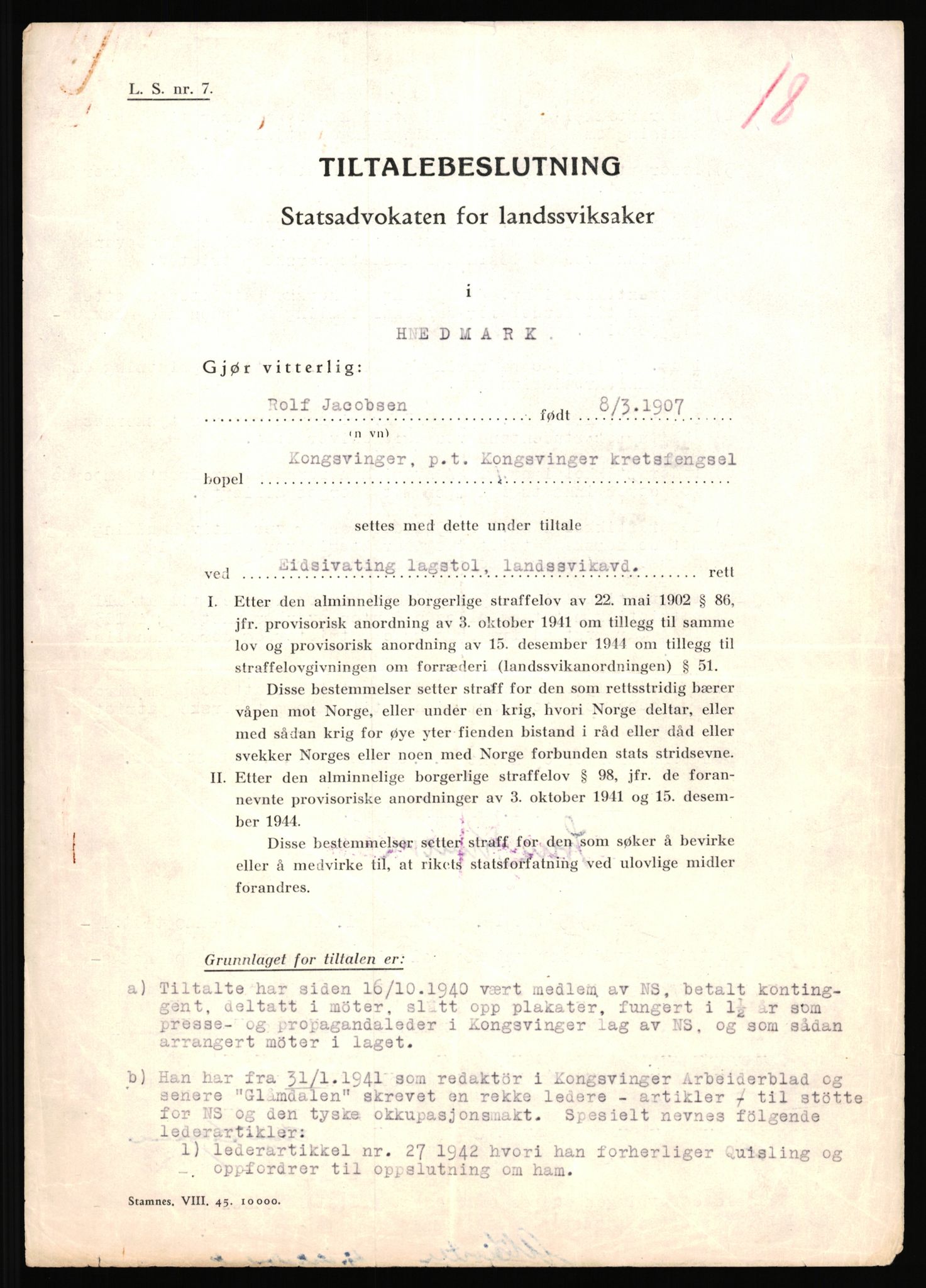 Landssvikarkivet, Kongsvinger politikammer, RA/S-3138-08/Da/L0055/0797: Saker / Anr. 555/45, 1945-1946, p. 92