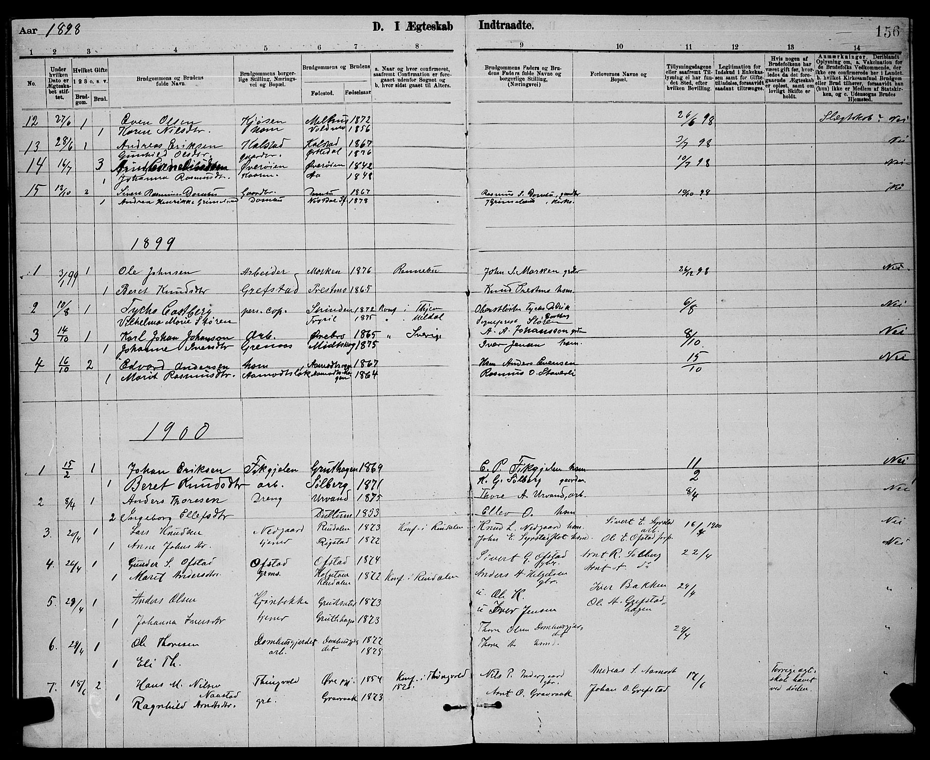 Ministerialprotokoller, klokkerbøker og fødselsregistre - Sør-Trøndelag, AV/SAT-A-1456/672/L0863: Parish register (copy) no. 672C02, 1888-1901, p. 156