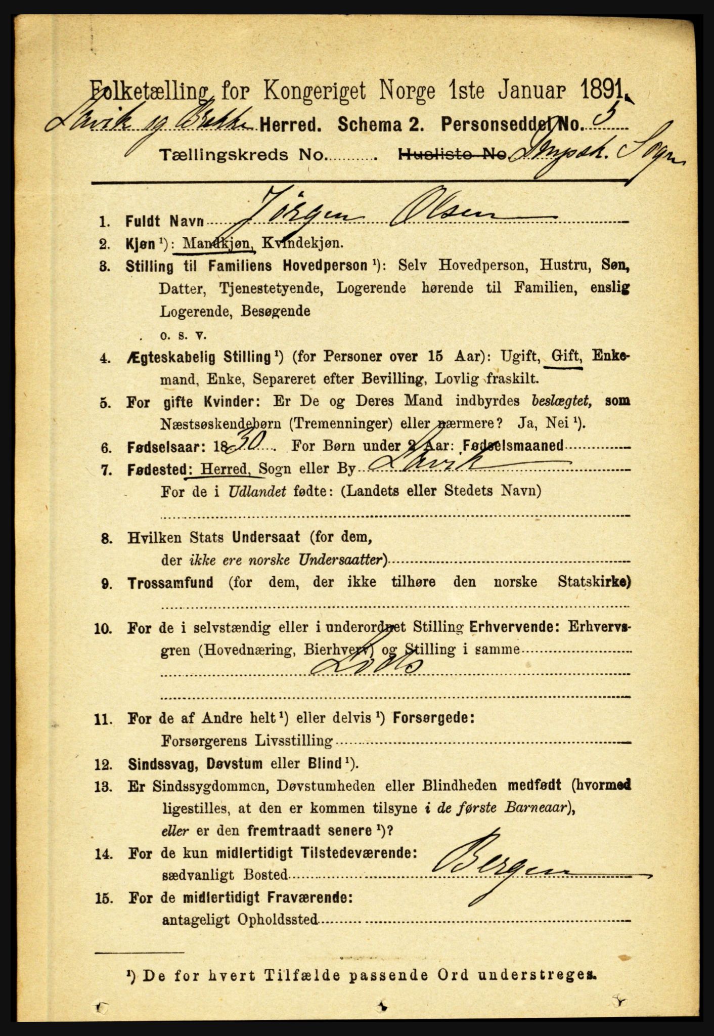 RA, 1891 census for 1415 Lavik og Brekke, 1891, p. 2682