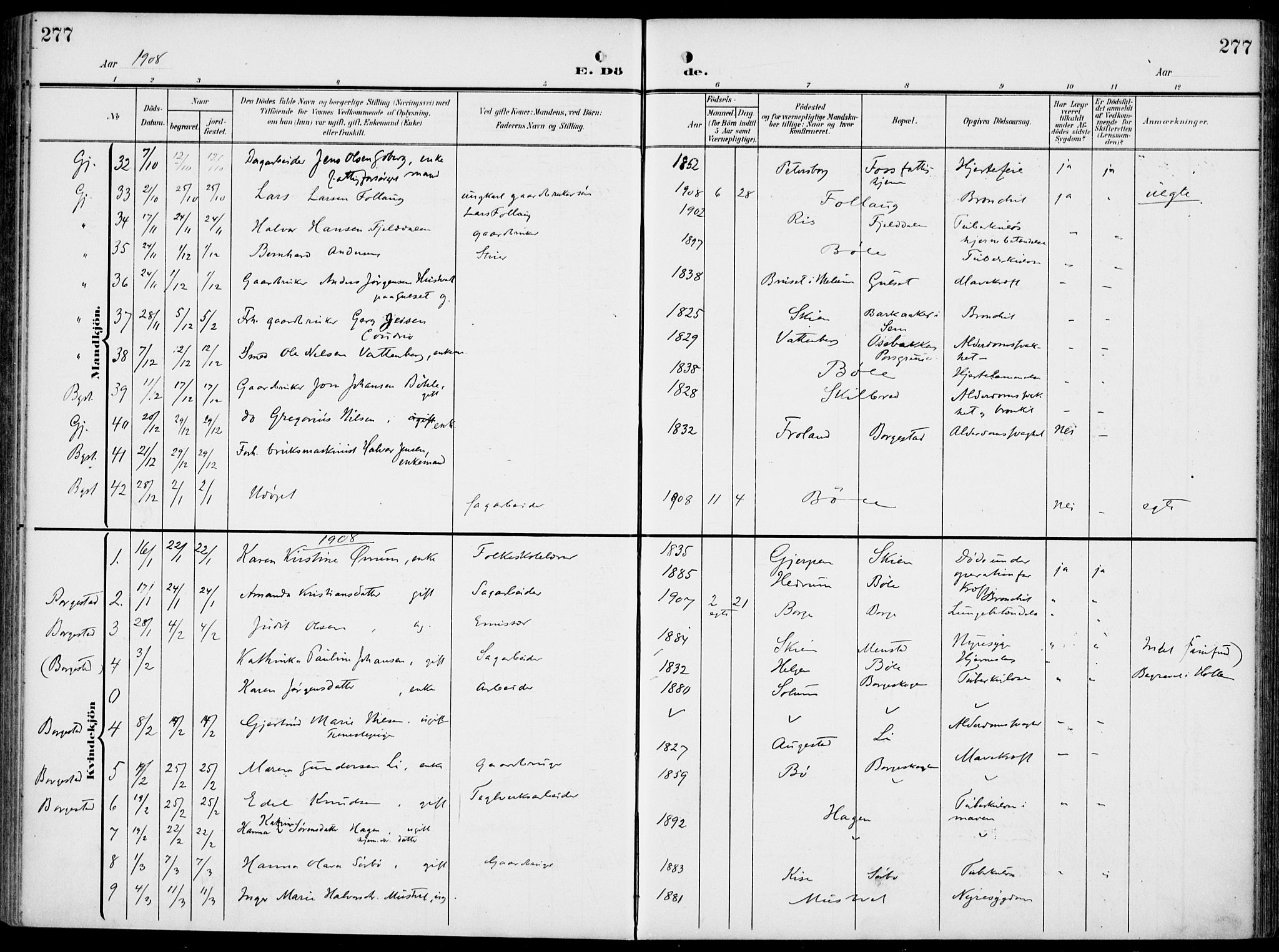 Gjerpen kirkebøker, SAKO/A-265/F/Fa/L0012: Parish register (official) no. I 12, 1905-1913, p. 277