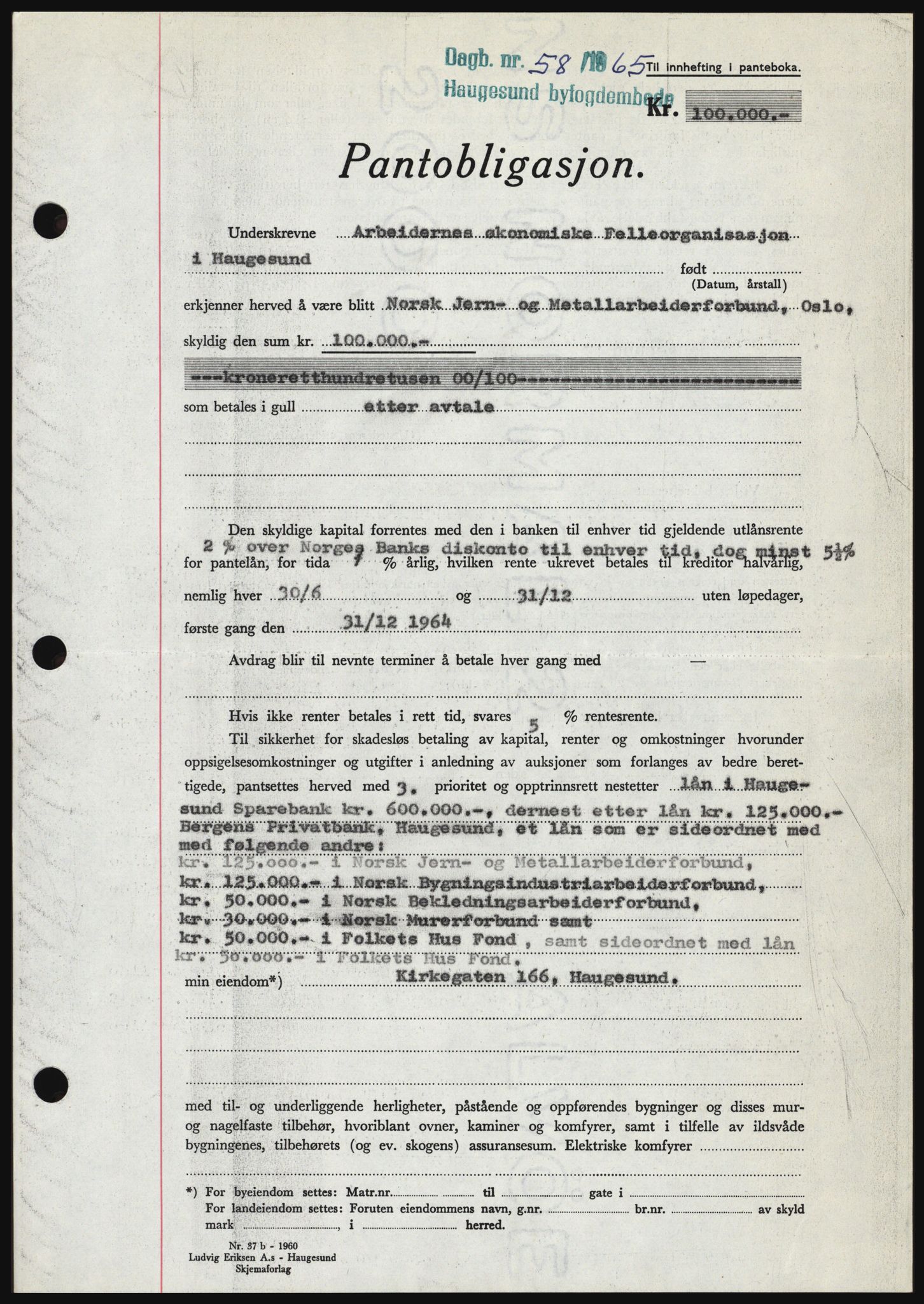 Haugesund tingrett, SAST/A-101415/01/II/IIC/L0053: Mortgage book no. B 53, 1965-1965, Diary no: : 58/1965