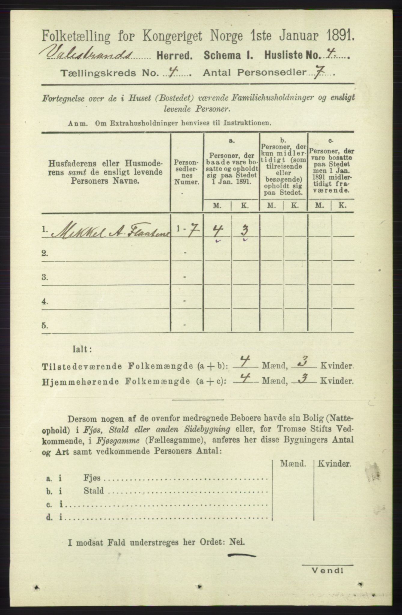 RA, 1891 census for 1217 Valestrand, 1891, p. 834