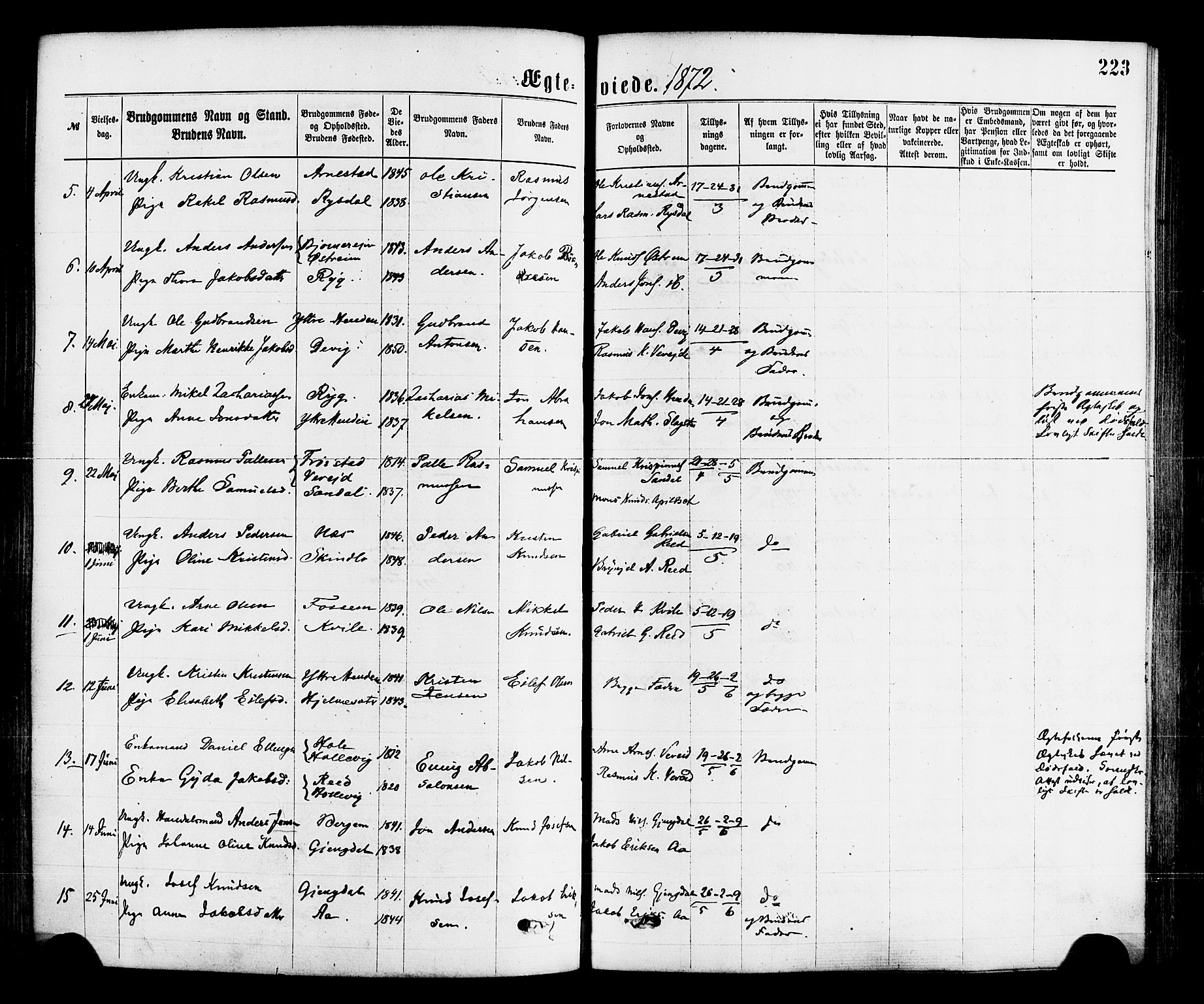 Gloppen sokneprestembete, SAB/A-80101/H/Haa/Haaa/L0010: Parish register (official) no. A 10, 1871-1884, p. 223