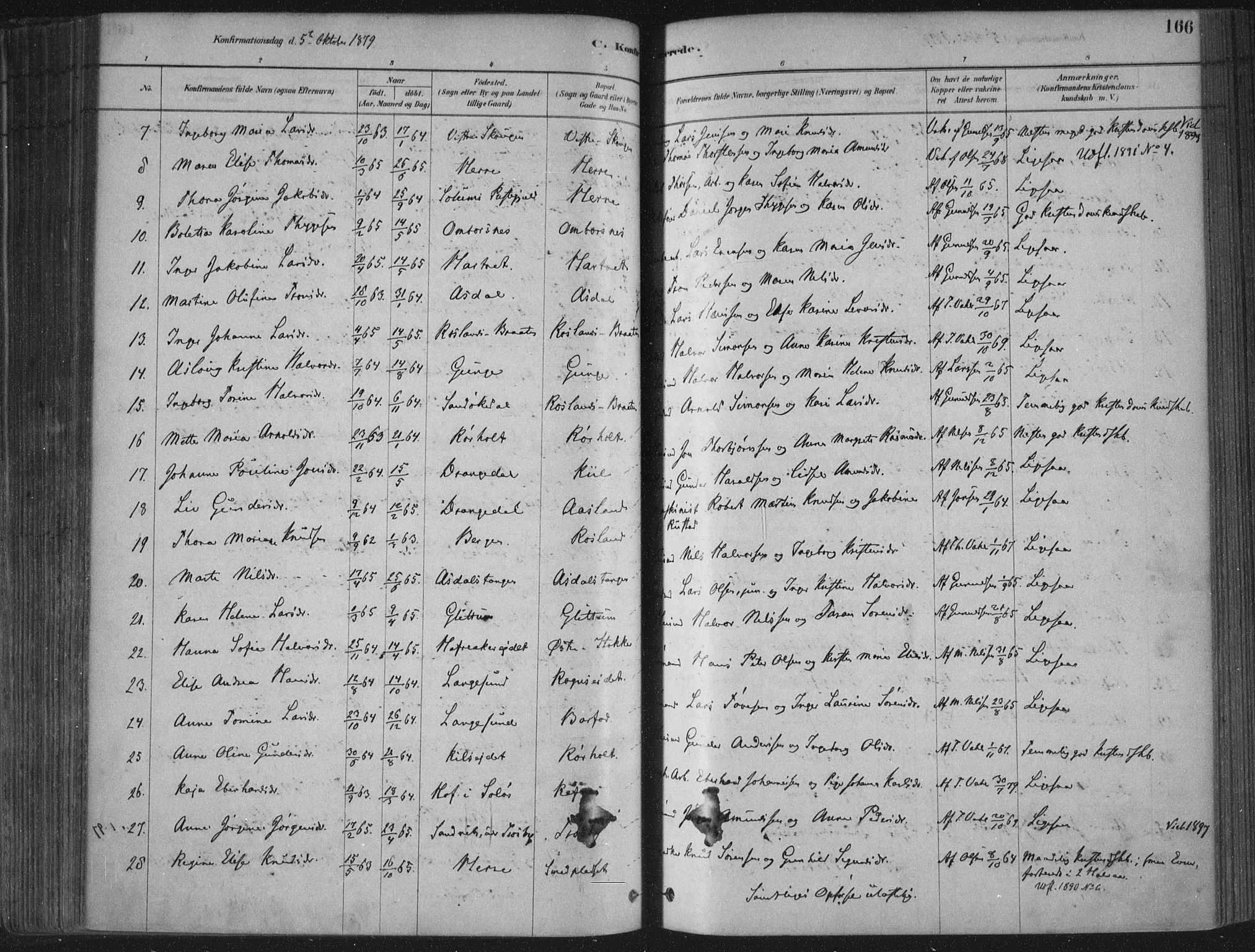 Bamble kirkebøker, SAKO/A-253/F/Fa/L0007: Parish register (official) no. I 7, 1878-1888, p. 166
