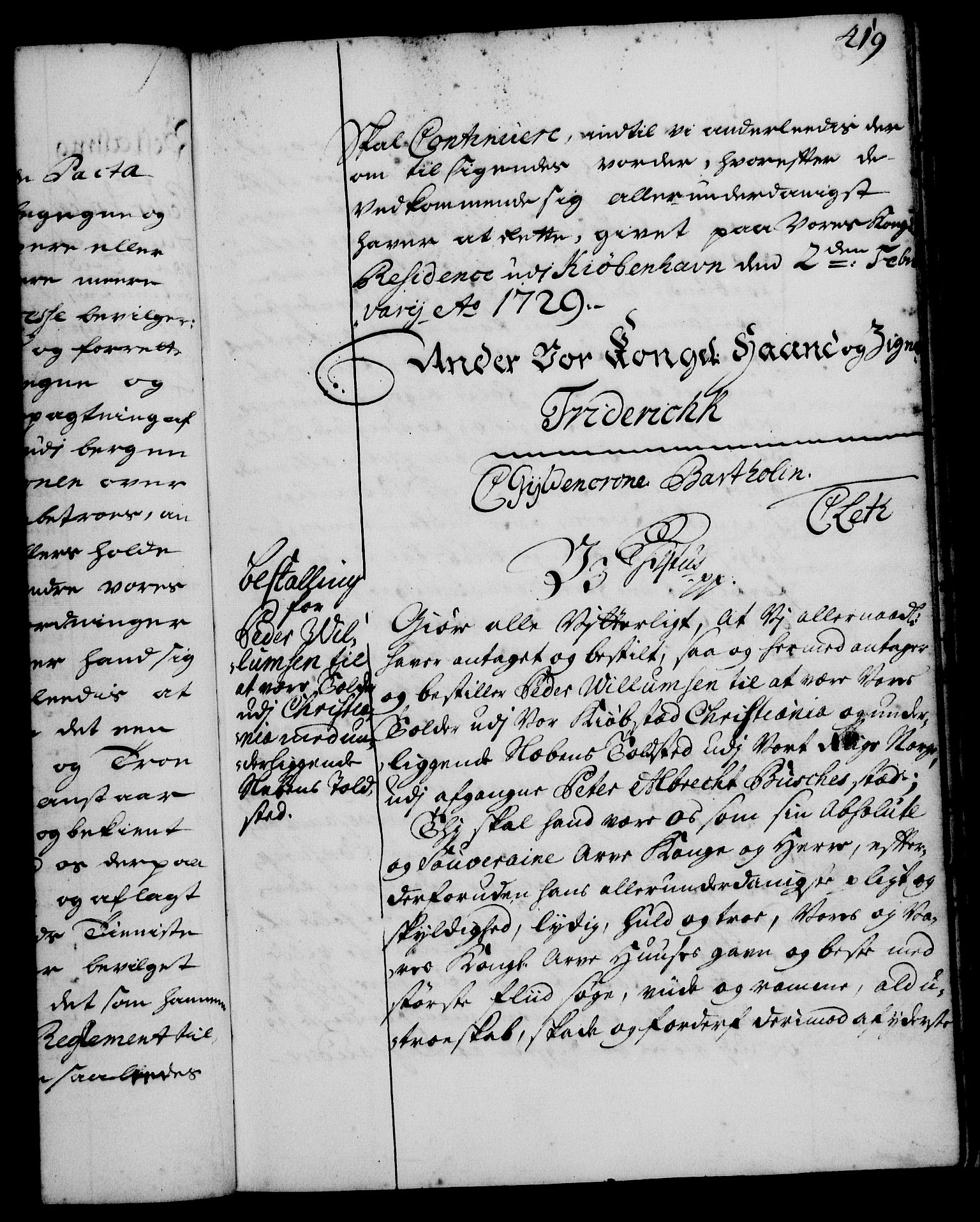 Rentekammeret, Kammerkanselliet, RA/EA-3111/G/Gg/Gge/L0001: Norsk bestallingsprotokoll med register (merket RK 53.25), 1720-1730, p. 419
