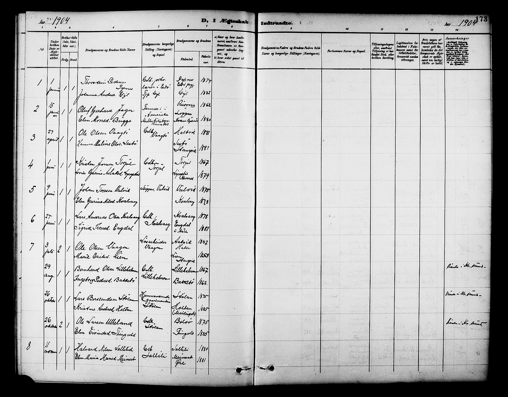 Ministerialprotokoller, klokkerbøker og fødselsregistre - Møre og Romsdal, AV/SAT-A-1454/586/L0992: Parish register (copy) no. 586C03, 1892-1909, p. 173