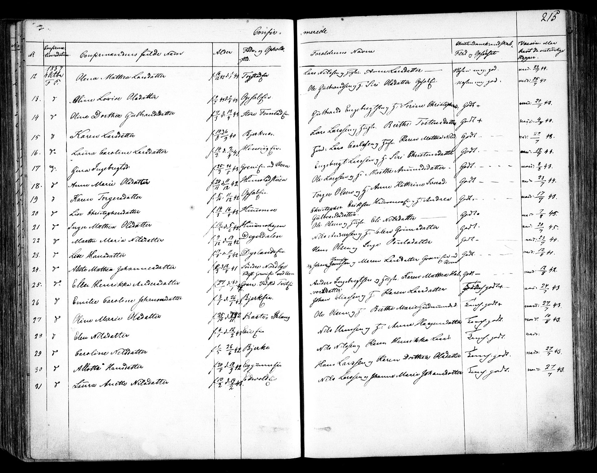 Nes prestekontor Kirkebøker, AV/SAO-A-10410/F/Fa/L0007: Parish register (official) no. I 7, 1846-1858, p. 215