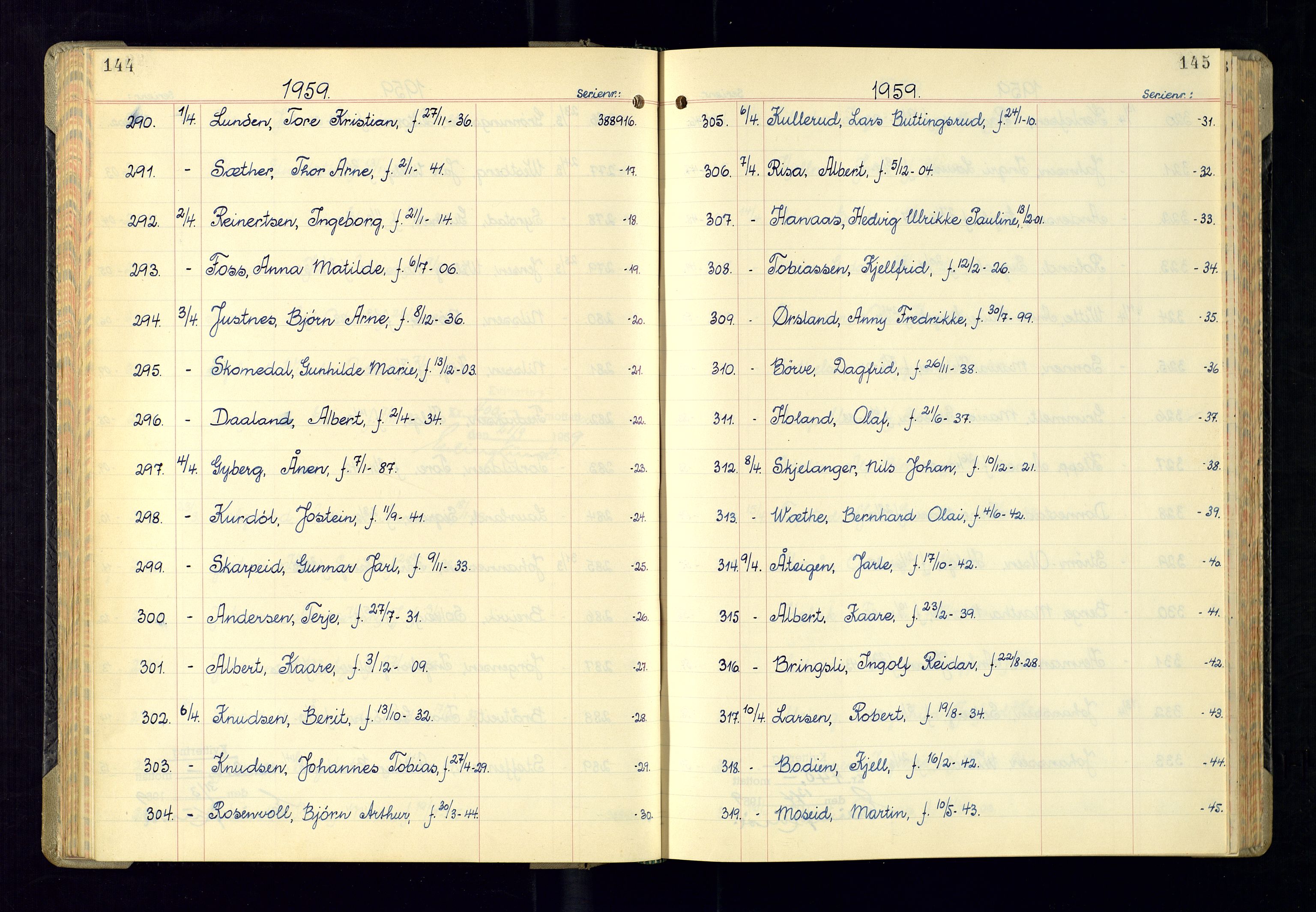 Kristiansand politikammer - 2, AV/SAK-1243-0009/K/Ka/Kaa/L0614: Passprotokoll, liste med løpenumre, 1958-1962, p. 144-145