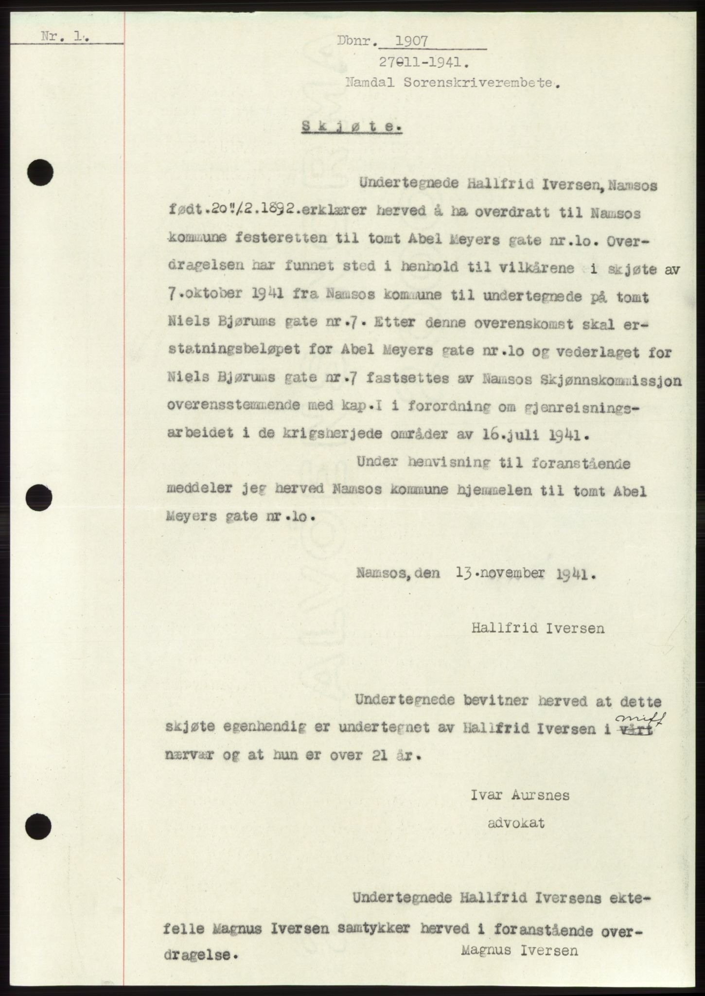 Namdal sorenskriveri, SAT/A-4133/1/2/2C: Mortgage book no. -, 1941-1942, Diary no: : 1907/1941