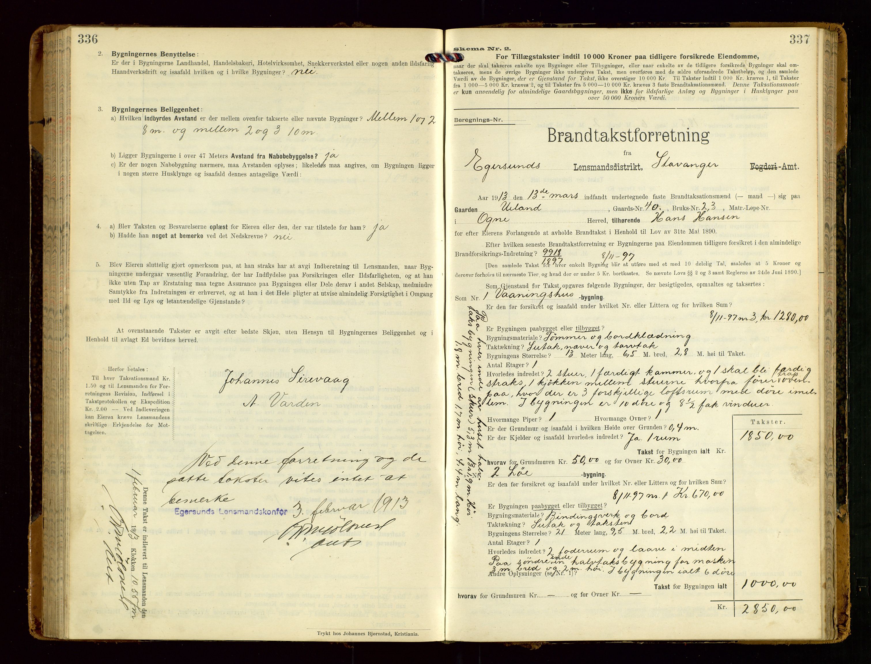 Eigersund lensmannskontor, AV/SAST-A-100171/Gob/L0002: "Brandtakstprotokol", 1910-1916, p. 336-337