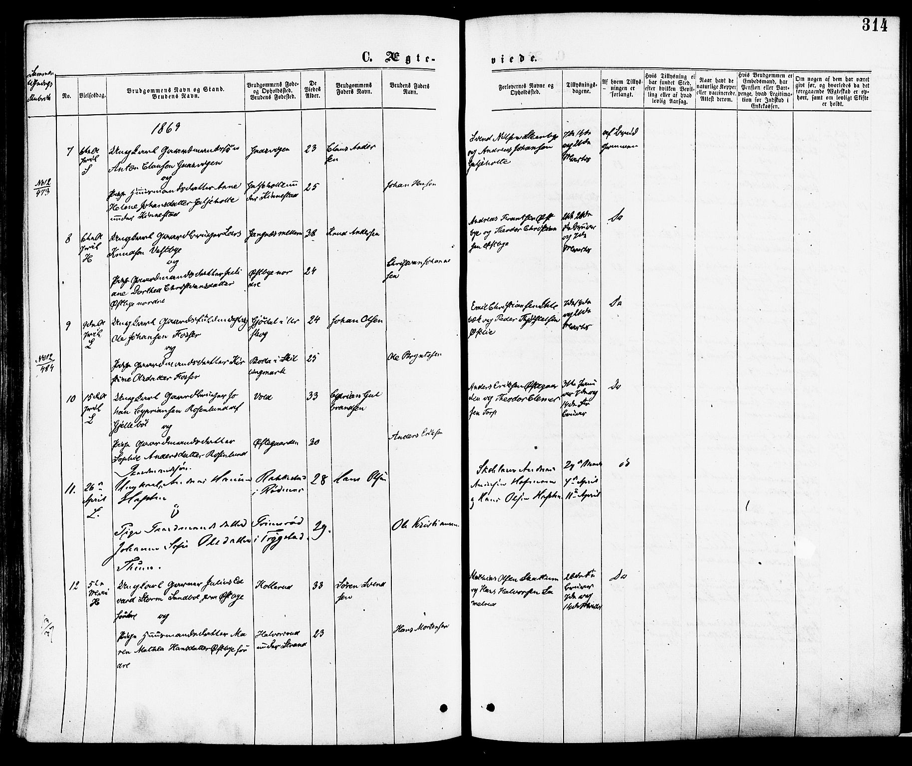 Høland prestekontor Kirkebøker, SAO/A-10346a/F/Fa/L0012.a: Parish register (official) no. I 12A, 1869-1879, p. 314