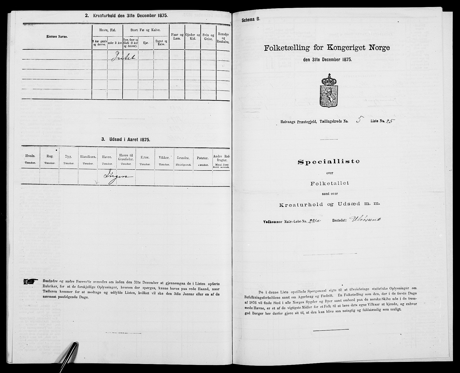 SAK, 1875 census for 0927P Høvåg, 1875, p. 661