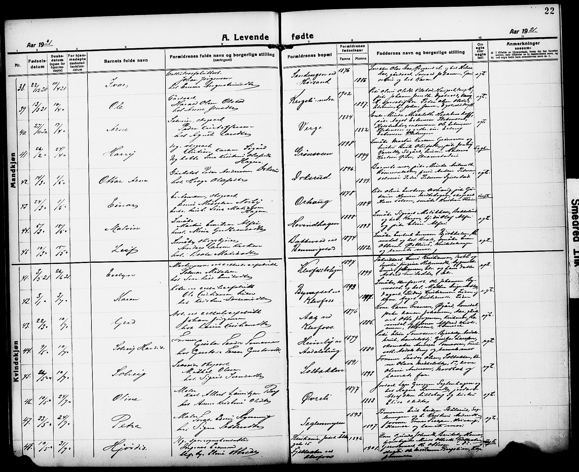 Løten prestekontor, AV/SAH-PREST-022/L/La/L0008: Parish register (copy) no. 8, 1920-1929, p. 22