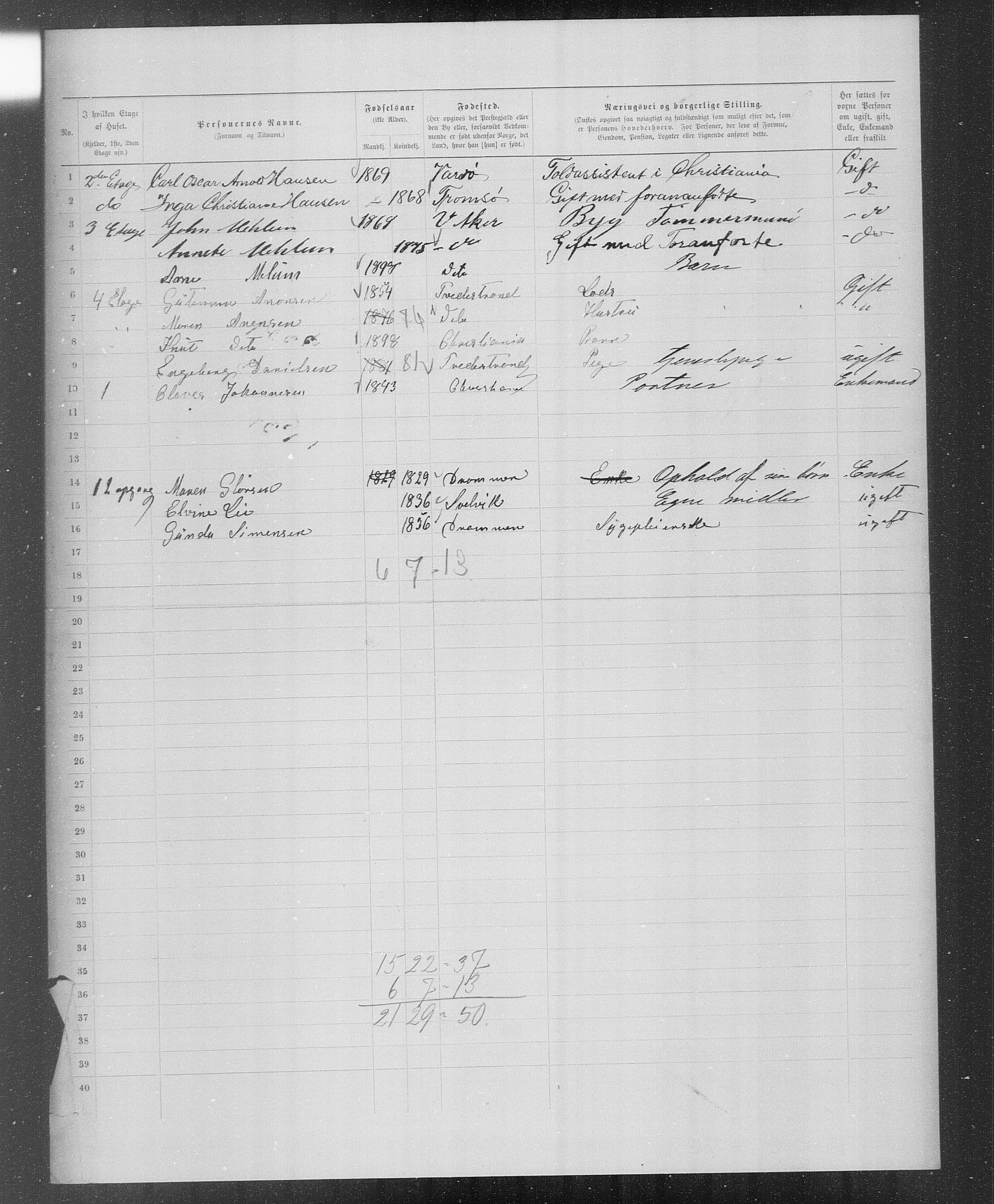 OBA, Municipal Census 1899 for Kristiania, 1899, p. 3854