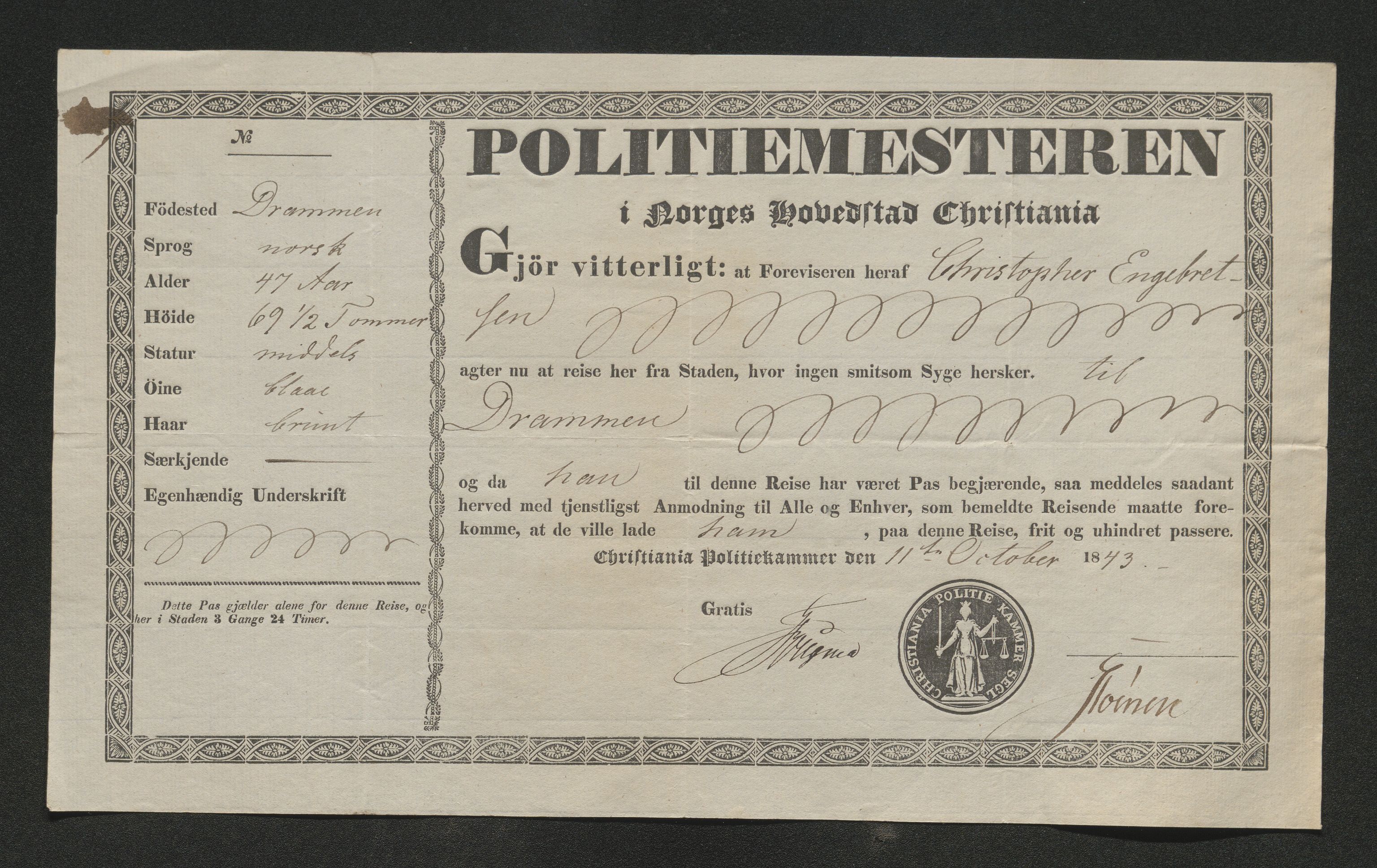 Drammen politikammer, SAKO/A-623/I/Ia/Iab/L0007: Innleverte pass, 1843-1844, p. 277