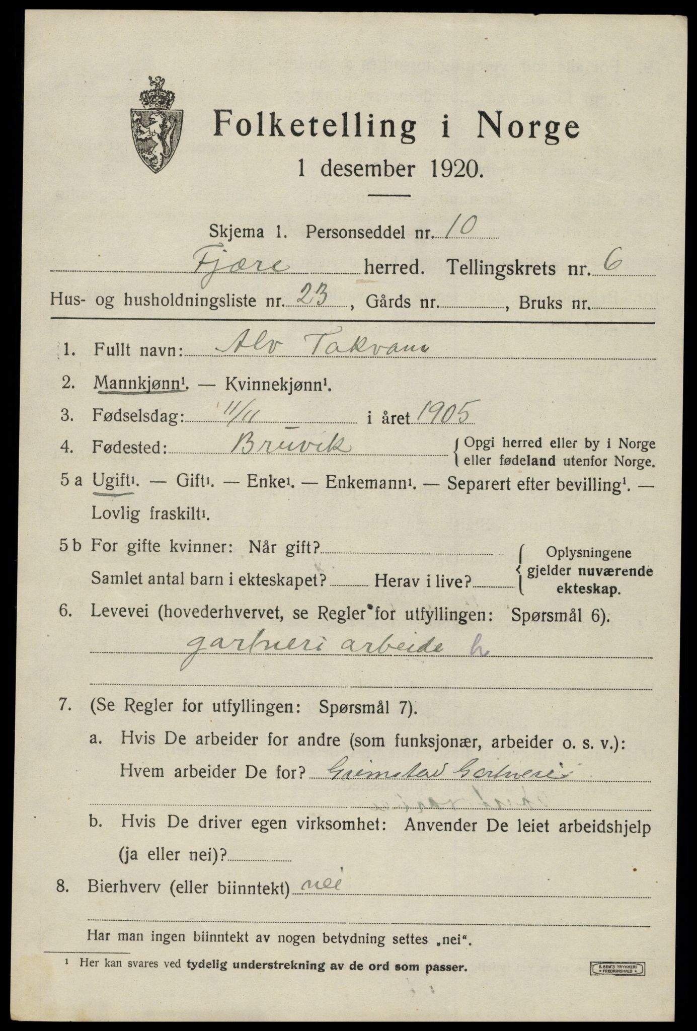 SAK, 1920 census for Fjære, 1920, p. 8497