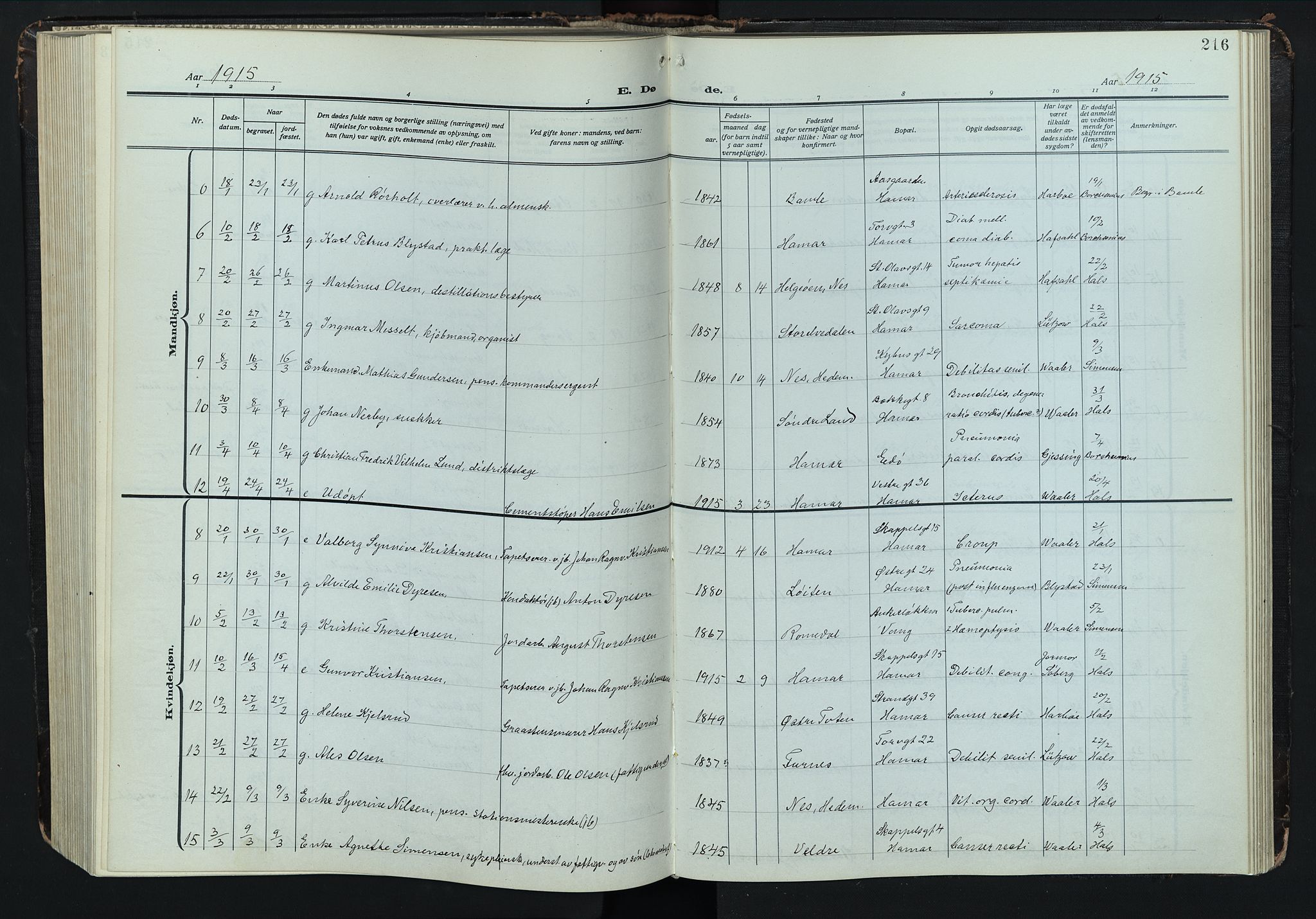 Hamar prestekontor, SAH/DOMPH-002/H/Ha/Hab/L0004: Parish register (copy) no. 4, 1915-1942, p. 216
