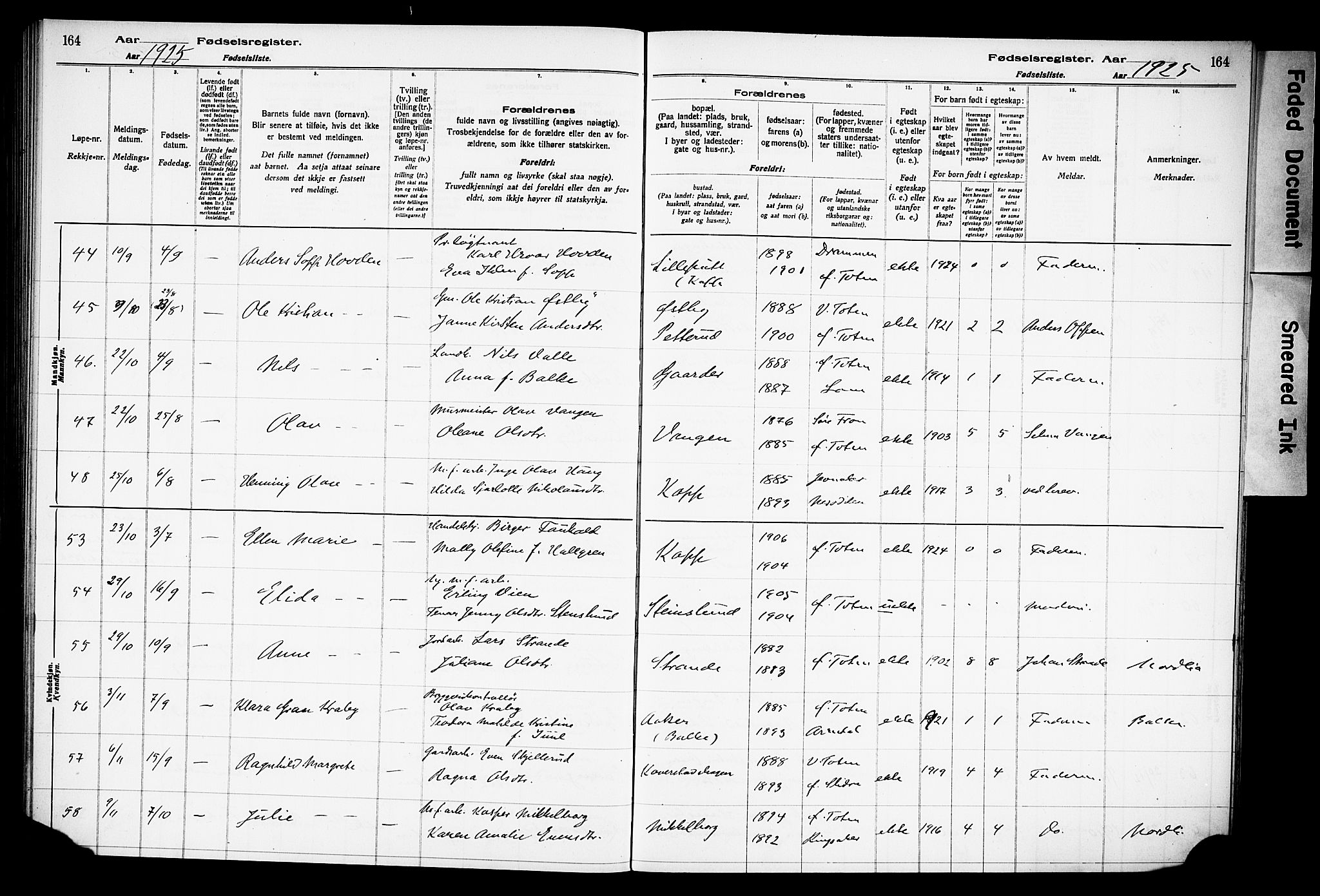 Østre Toten prestekontor, SAH/PREST-104/I/Id/L0001/0001: Birth register no. 1.1, 1916-1928, p. 164