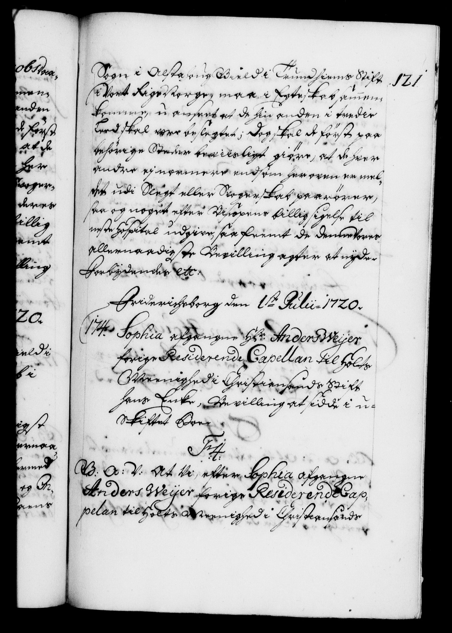 Danske Kanselli 1572-1799, AV/RA-EA-3023/F/Fc/Fca/Fcaa/L0023: Norske registre, 1720-1722, p. 121a