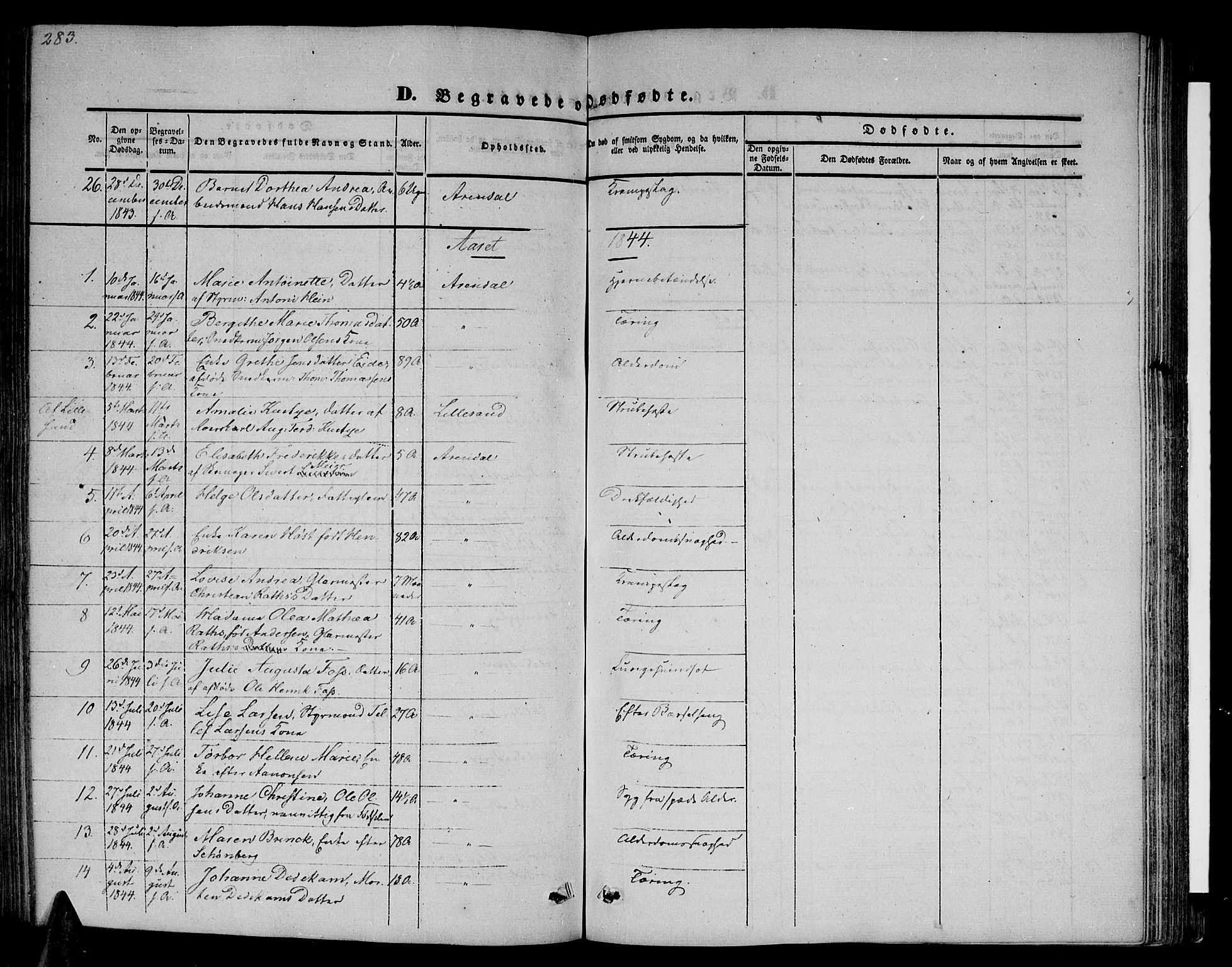 Arendal sokneprestkontor, Trefoldighet, SAK/1111-0040/F/Fb/L0002: Parish register (copy) no. B 2, 1838-1860, p. 283