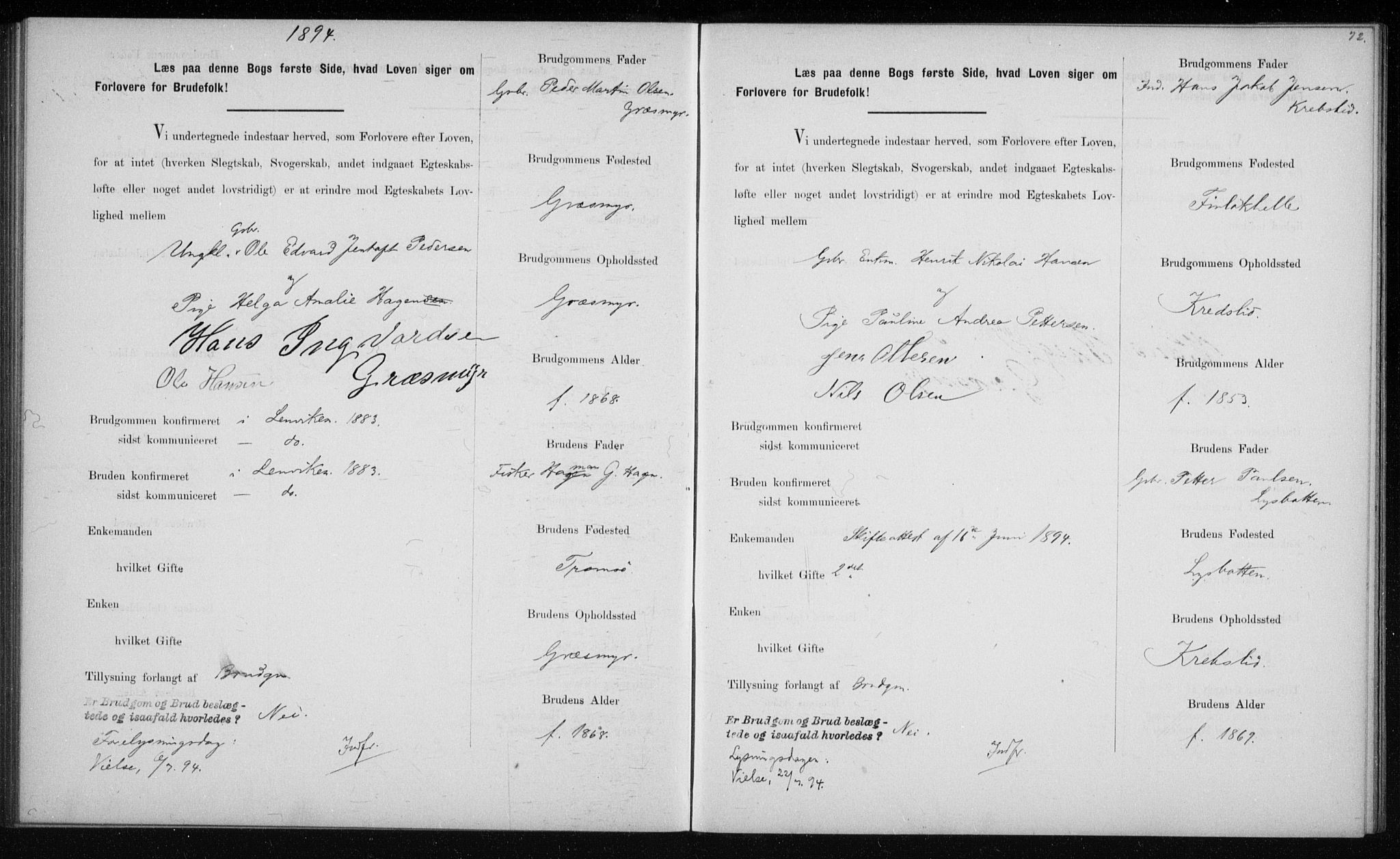 Lenvik sokneprestembete, SATØ/S-1310/I/Ie/L0129: Banns register no. 129, 1890-1895, p. 72