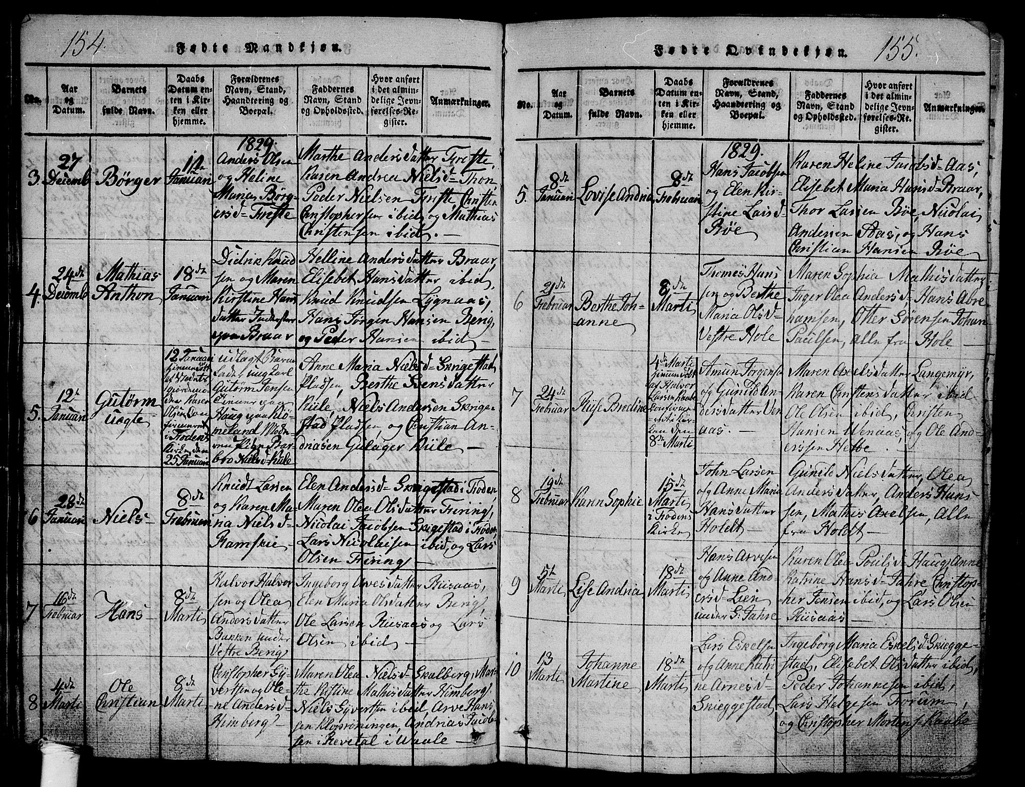 Ramnes kirkebøker, AV/SAKO-A-314/G/Ga/L0001: Parish register (copy) no. I 1, 1813-1847, p. 154-155