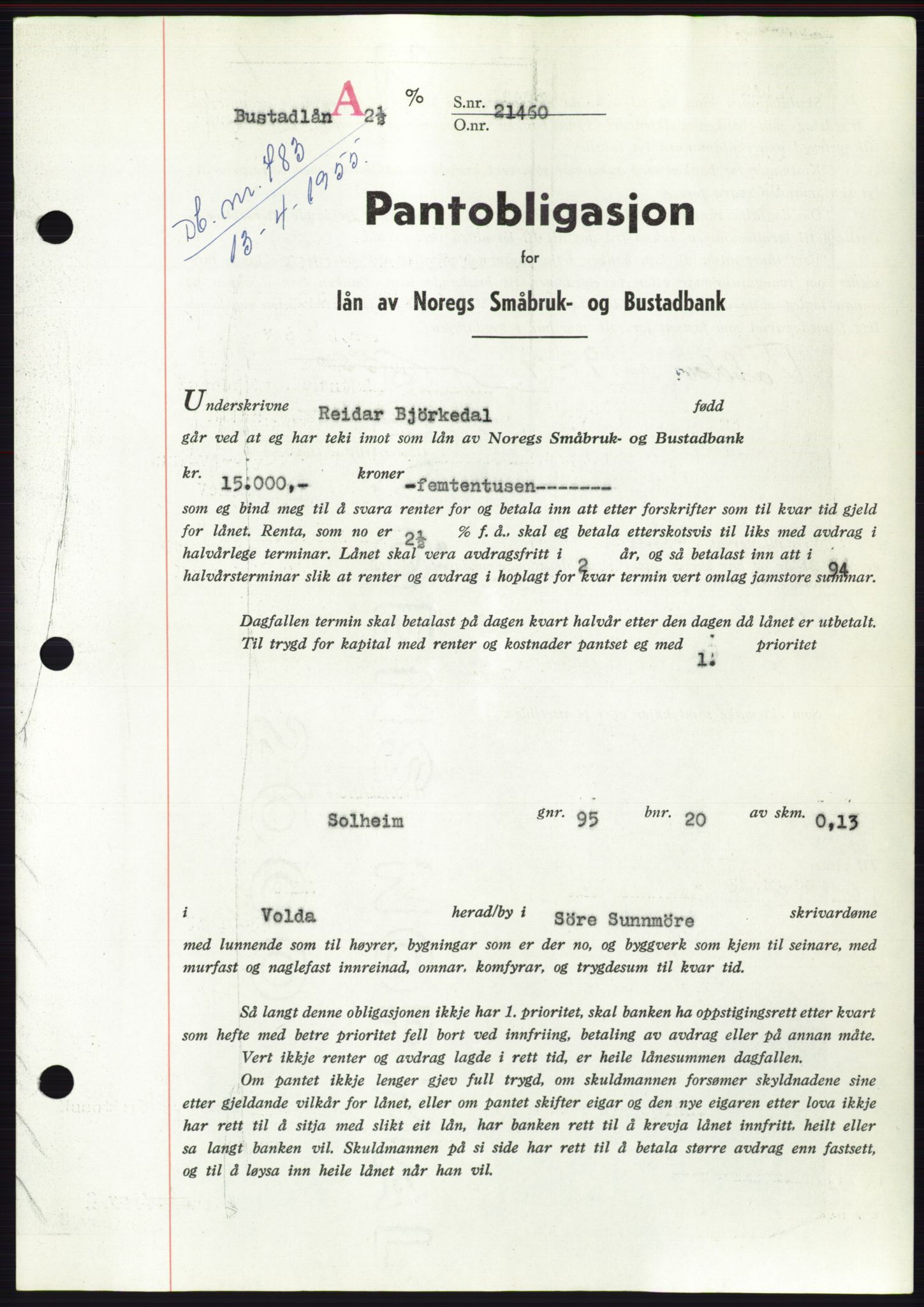 Søre Sunnmøre sorenskriveri, AV/SAT-A-4122/1/2/2C/L0126: Mortgage book no. 14B, 1954-1955, Diary no: : 783/1955