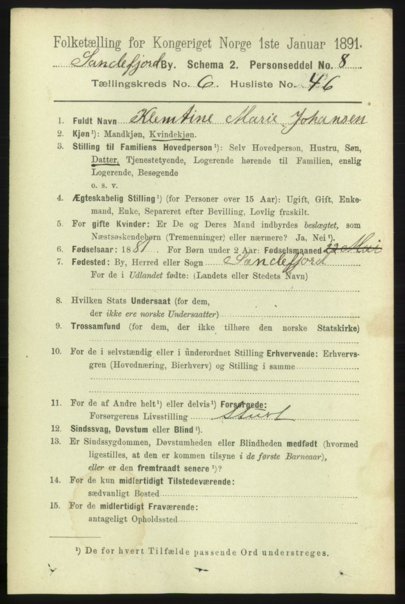 RA, 1891 census for 0706 Sandefjord, 1891, p. 2879