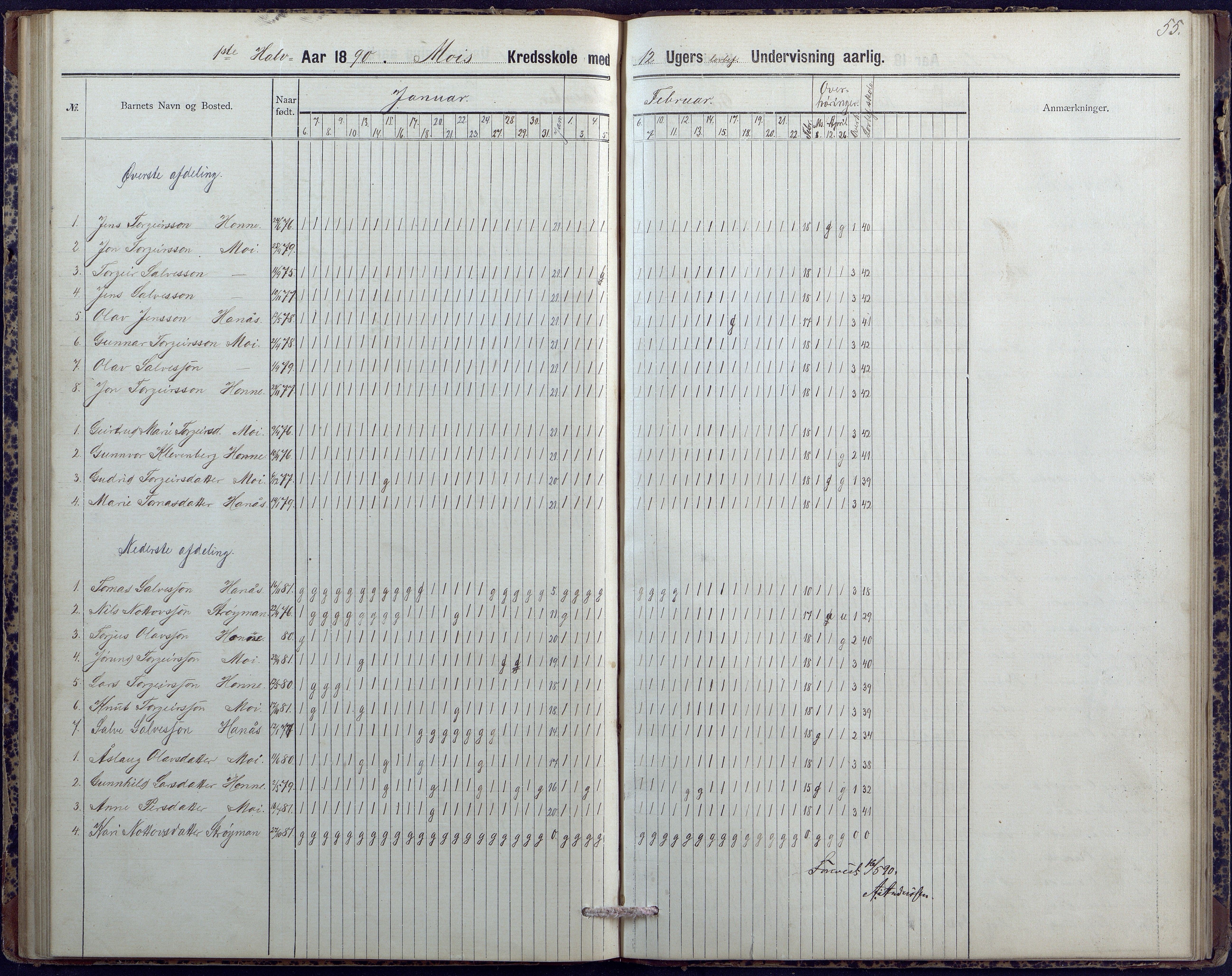 Hornnes kommune, Moi, Moseid, Kjetså skolekretser, AAKS/KA0936-550e/F1/L0004: Dagbok. Moseid, Moi, 1886-1891, p. 55