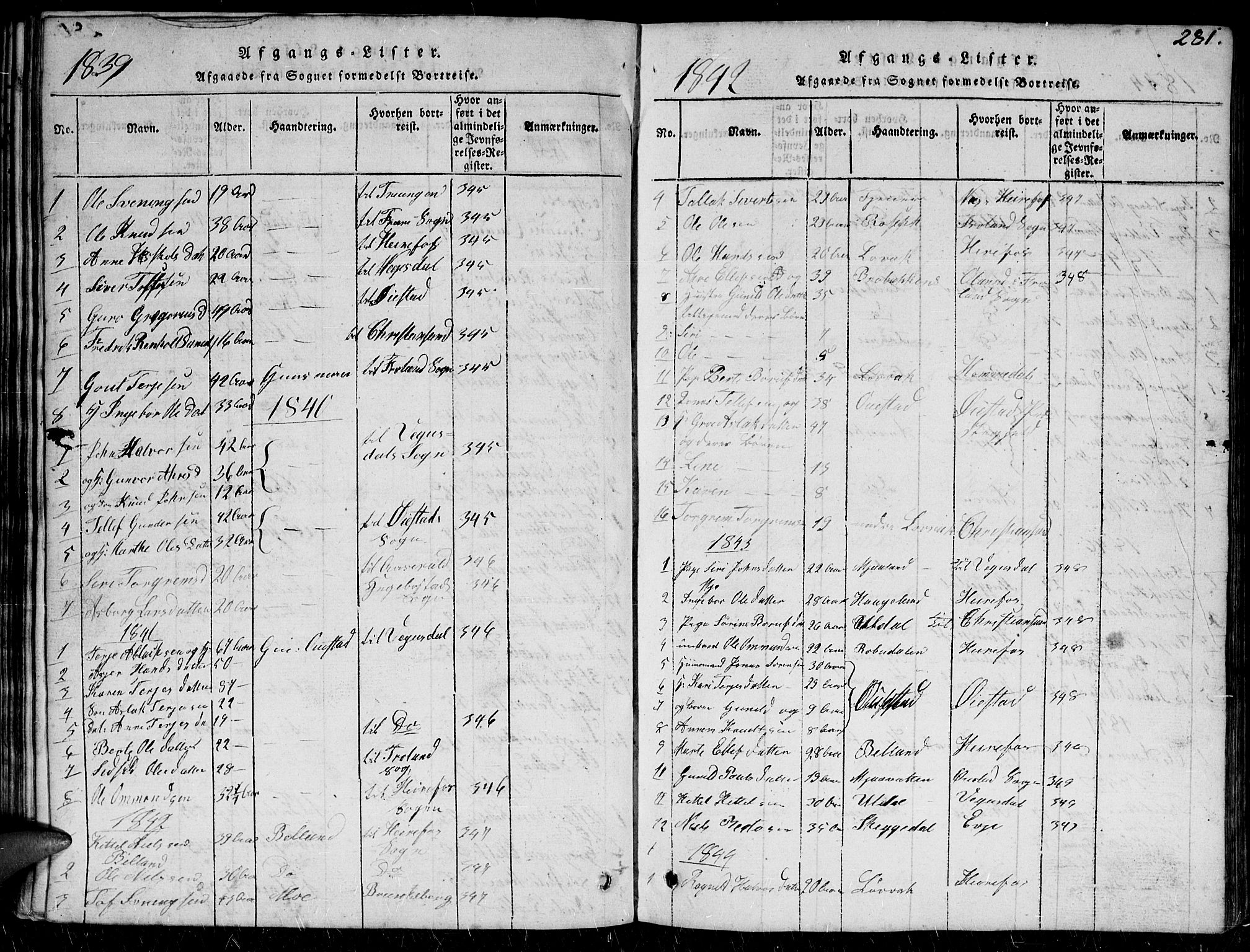 Herefoss sokneprestkontor, AV/SAK-1111-0019/F/Fb/Fbc/L0001: Parish register (copy) no. B 1, 1816-1866, p. 281