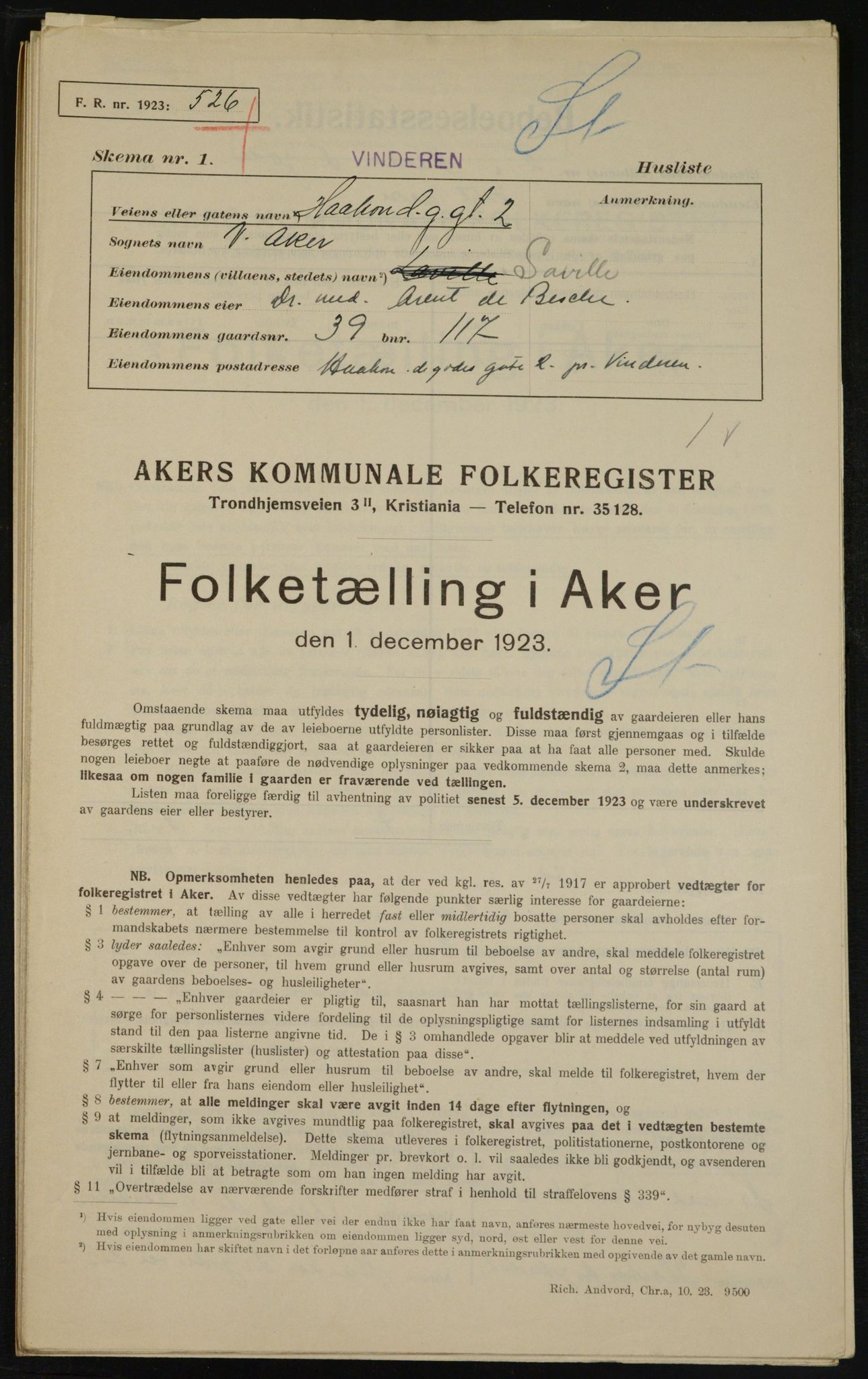 , Municipal Census 1923 for Aker, 1923, p. 10662