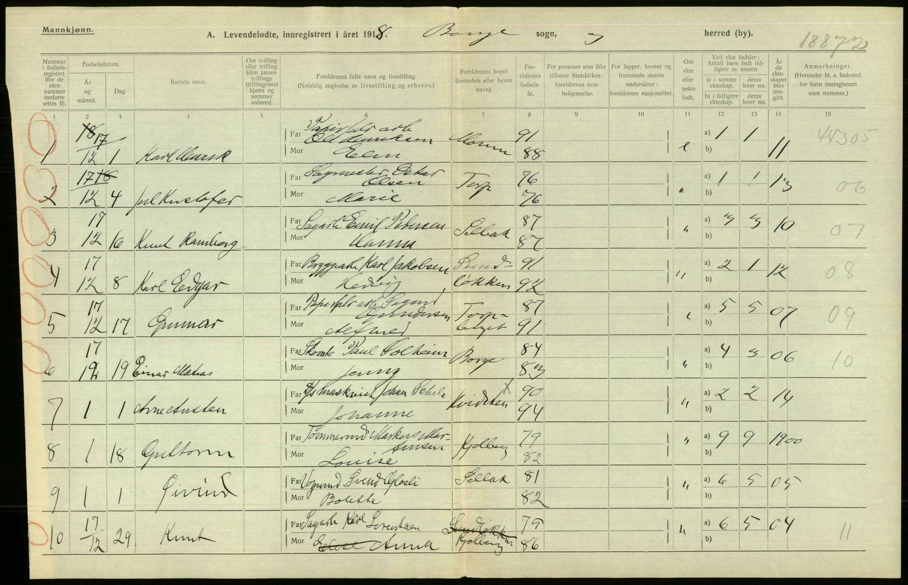 Statistisk sentralbyrå, Sosiodemografiske emner, Befolkning, RA/S-2228/D/Df/Dfb/Dfbh/L0001: Østfold fylke: Levendefødte menn og kvinner. Bygder., 1918, p. 38