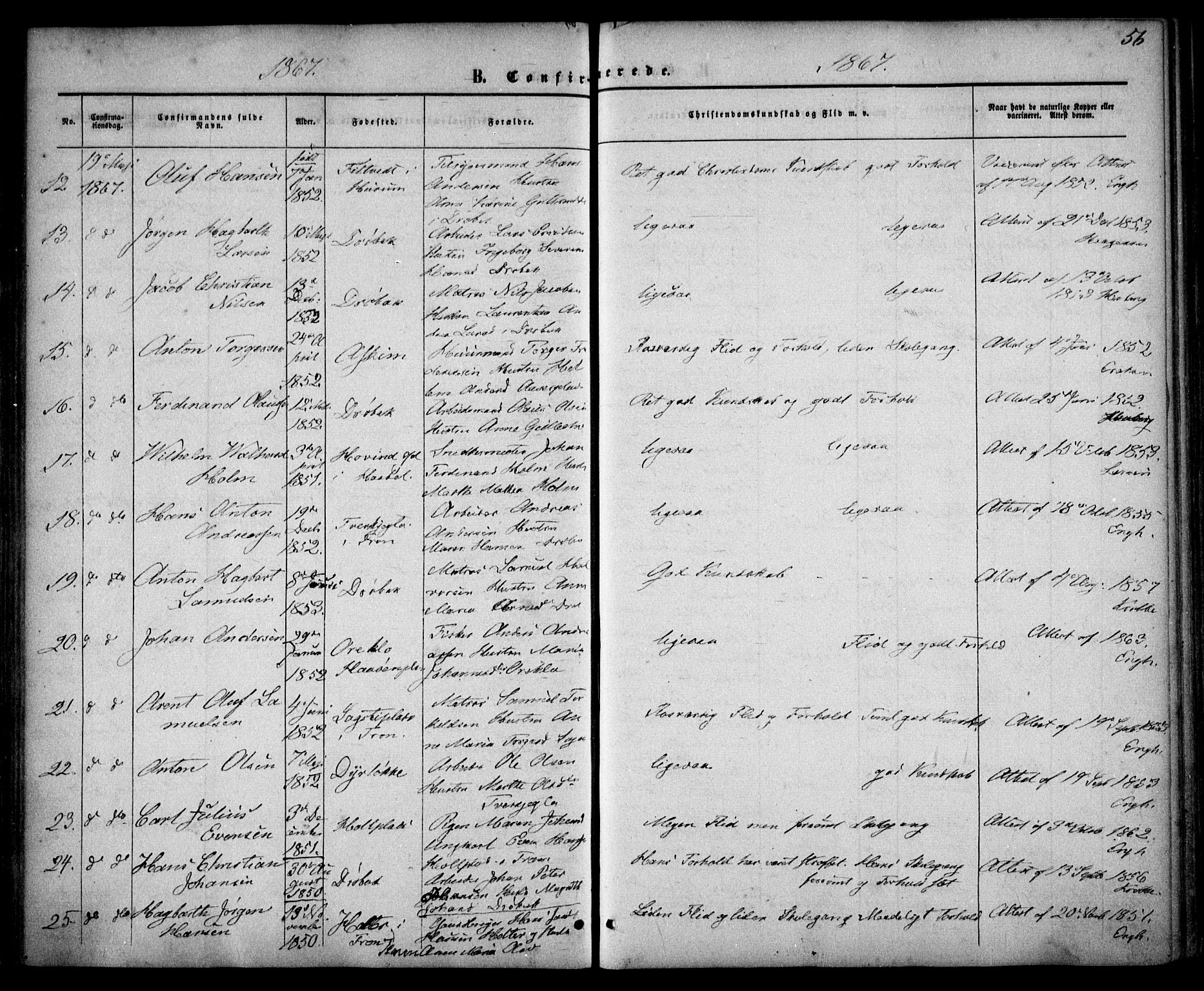 Drøbak prestekontor Kirkebøker, SAO/A-10142a/F/Fa/L0002: Parish register (official) no. I 2, 1858-1870, p. 56