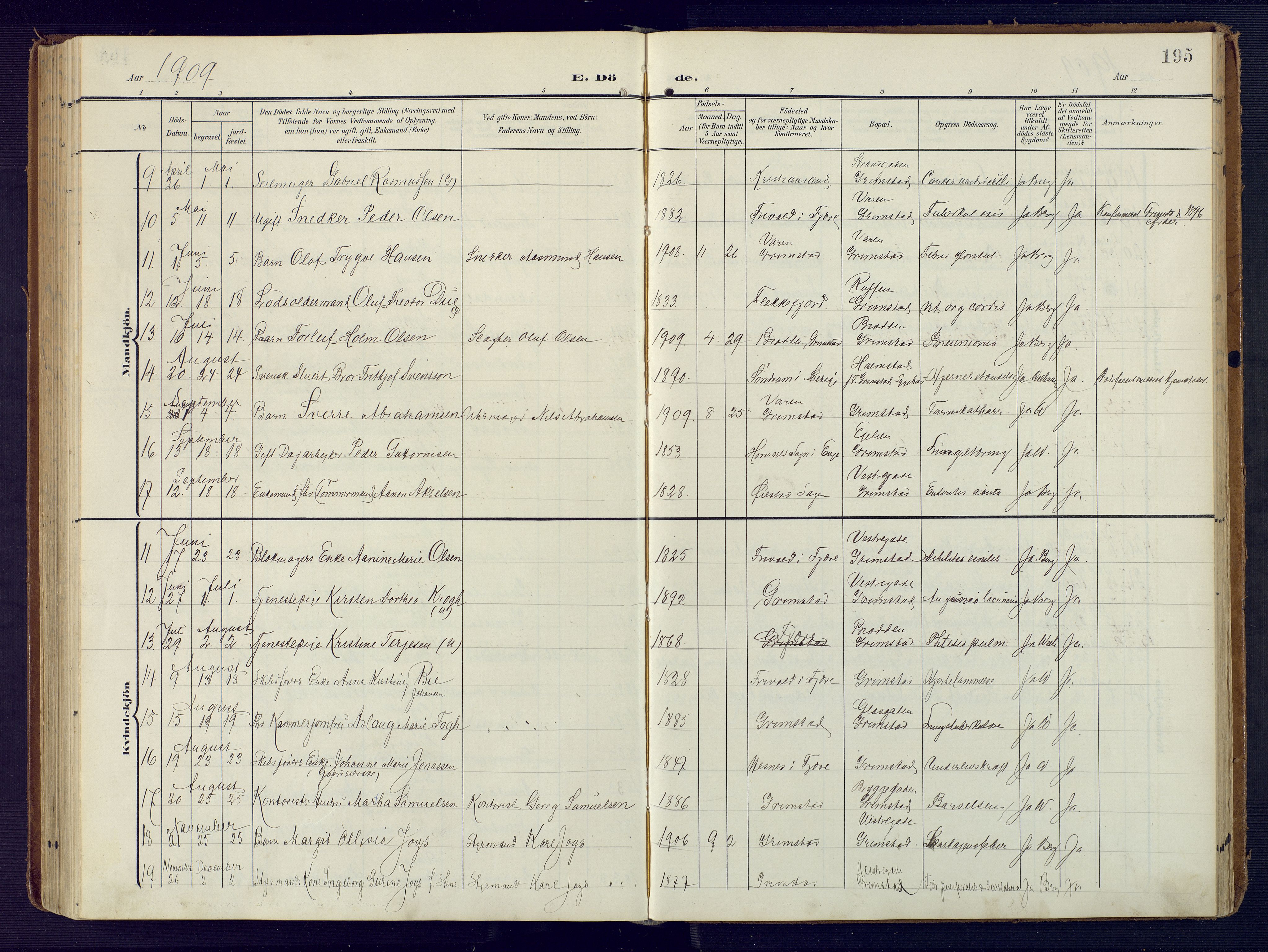 Grimstad sokneprestkontor, SAK/1111-0017/F/Fa/L0005: Parish register (official) no. A 4, 1911-1924, p. 195