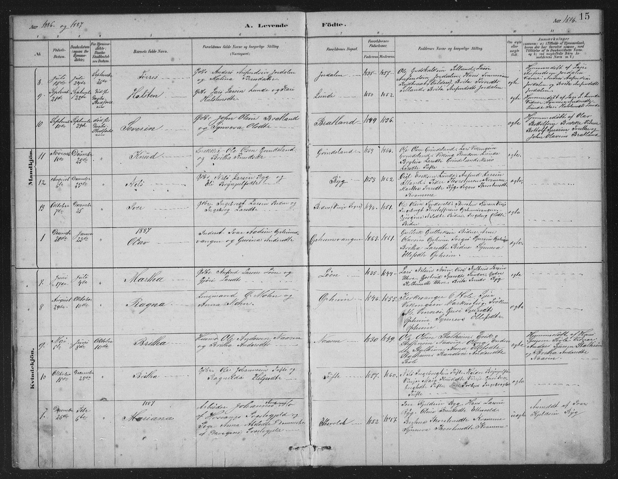 Vossestrand Sokneprestembete, AV/SAB-A-79101/H/Hab: Parish register (copy) no. A 2, 1880-1902, p. 15