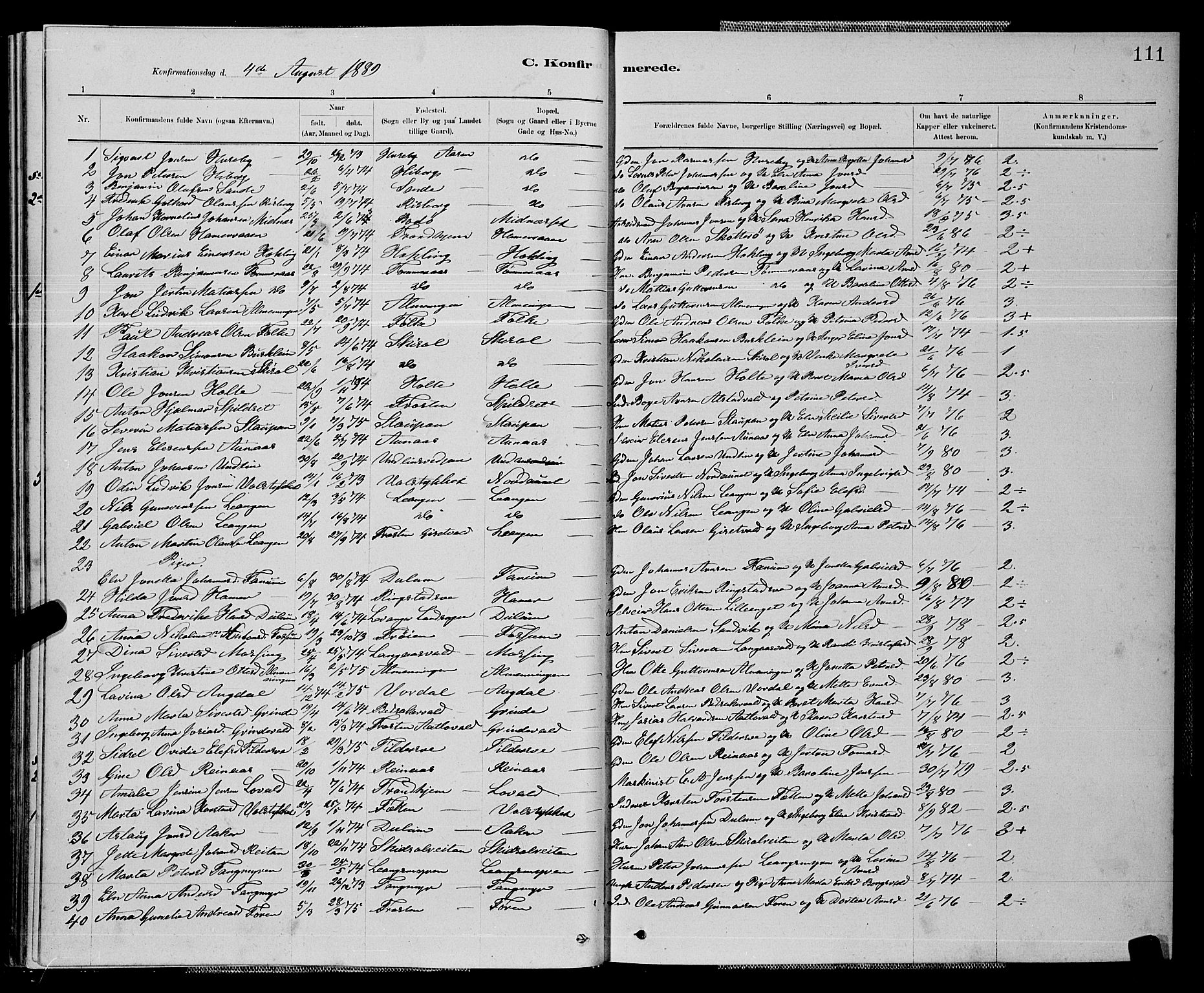 Ministerialprotokoller, klokkerbøker og fødselsregistre - Nord-Trøndelag, AV/SAT-A-1458/714/L0134: Parish register (copy) no. 714C03, 1878-1898, p. 111