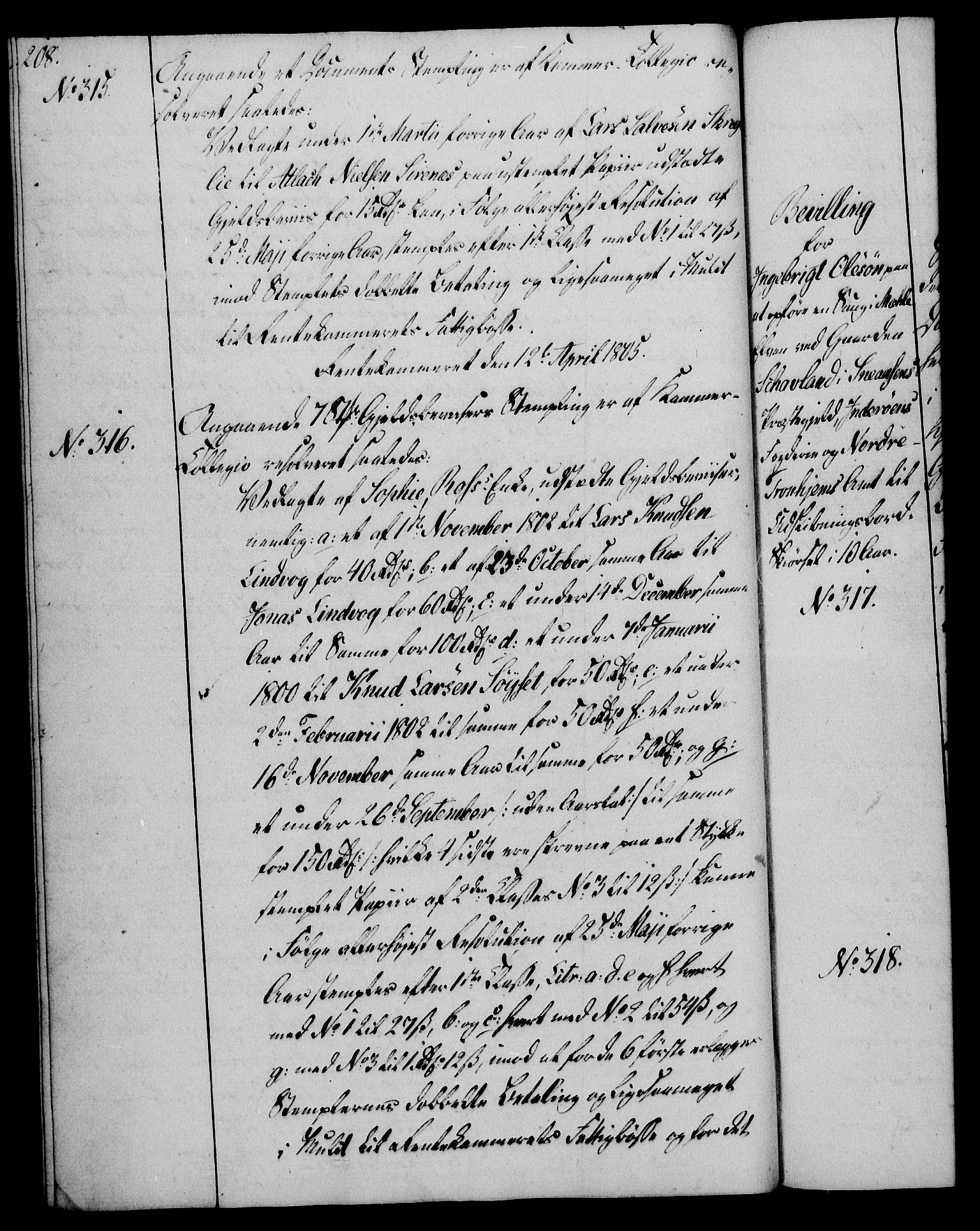 Rentekammeret, Kammerkanselliet, RA/EA-3111/G/Gg/Gga/L0018: Norsk ekspedisjonsprotokoll med register (merket RK 53.18), 1804-1806, p. 208