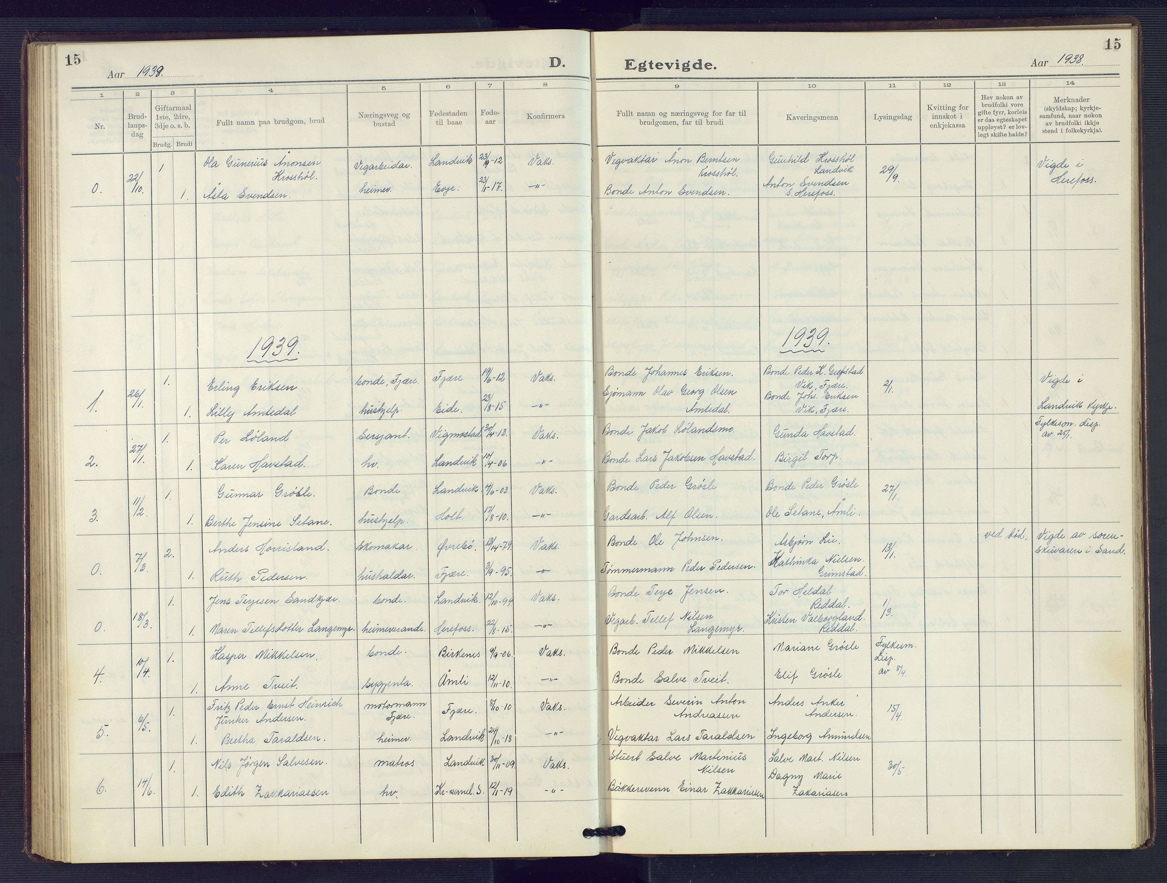 Hommedal sokneprestkontor, SAK/1111-0023/F/Fb/Fbb/L0009: Parish register (copy) no. B 9, 1929-1953, p. 15