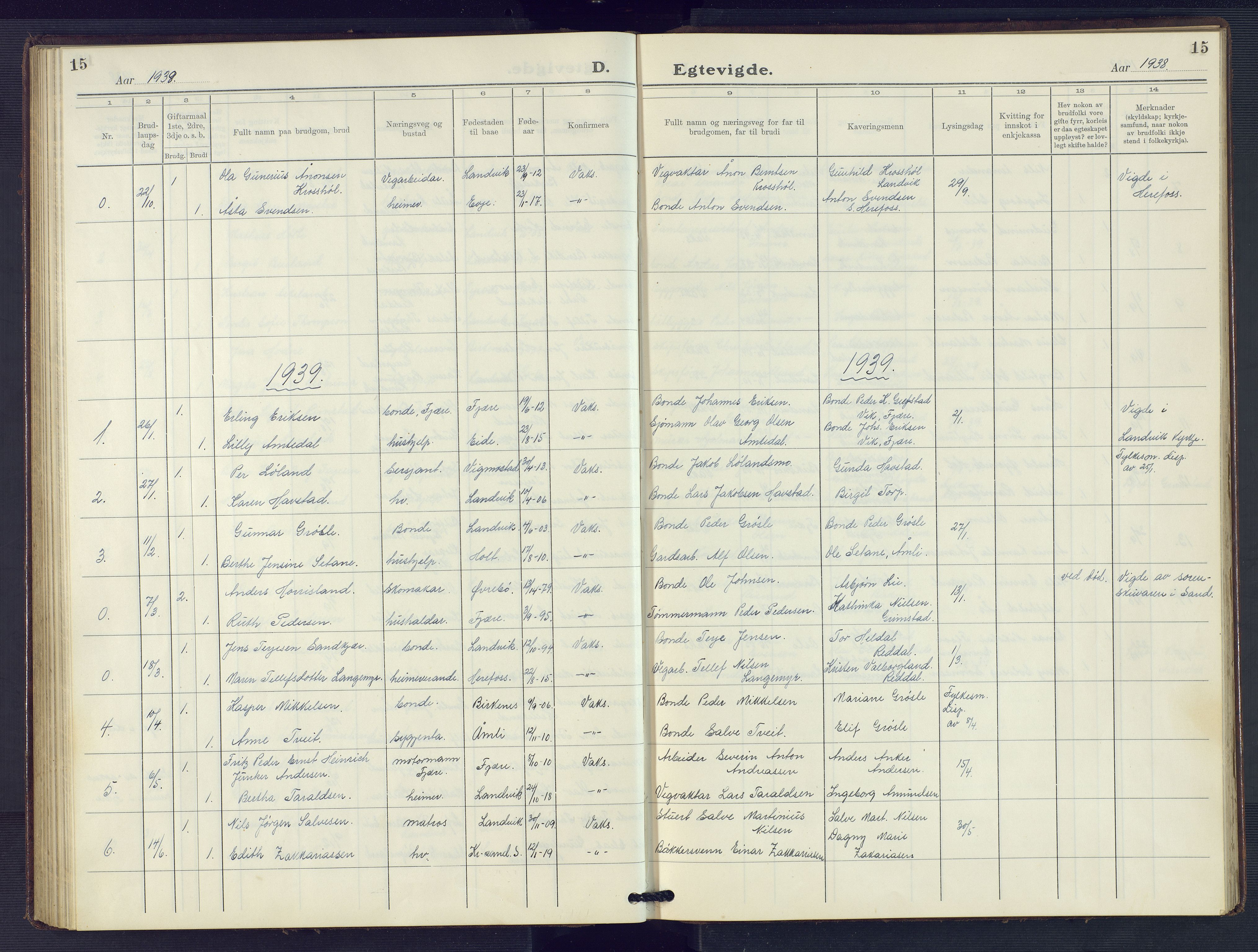 Hommedal sokneprestkontor, AV/SAK-1111-0023/F/Fb/Fbb/L0009: Parish register (copy) no. B 9, 1929-1953, p. 15