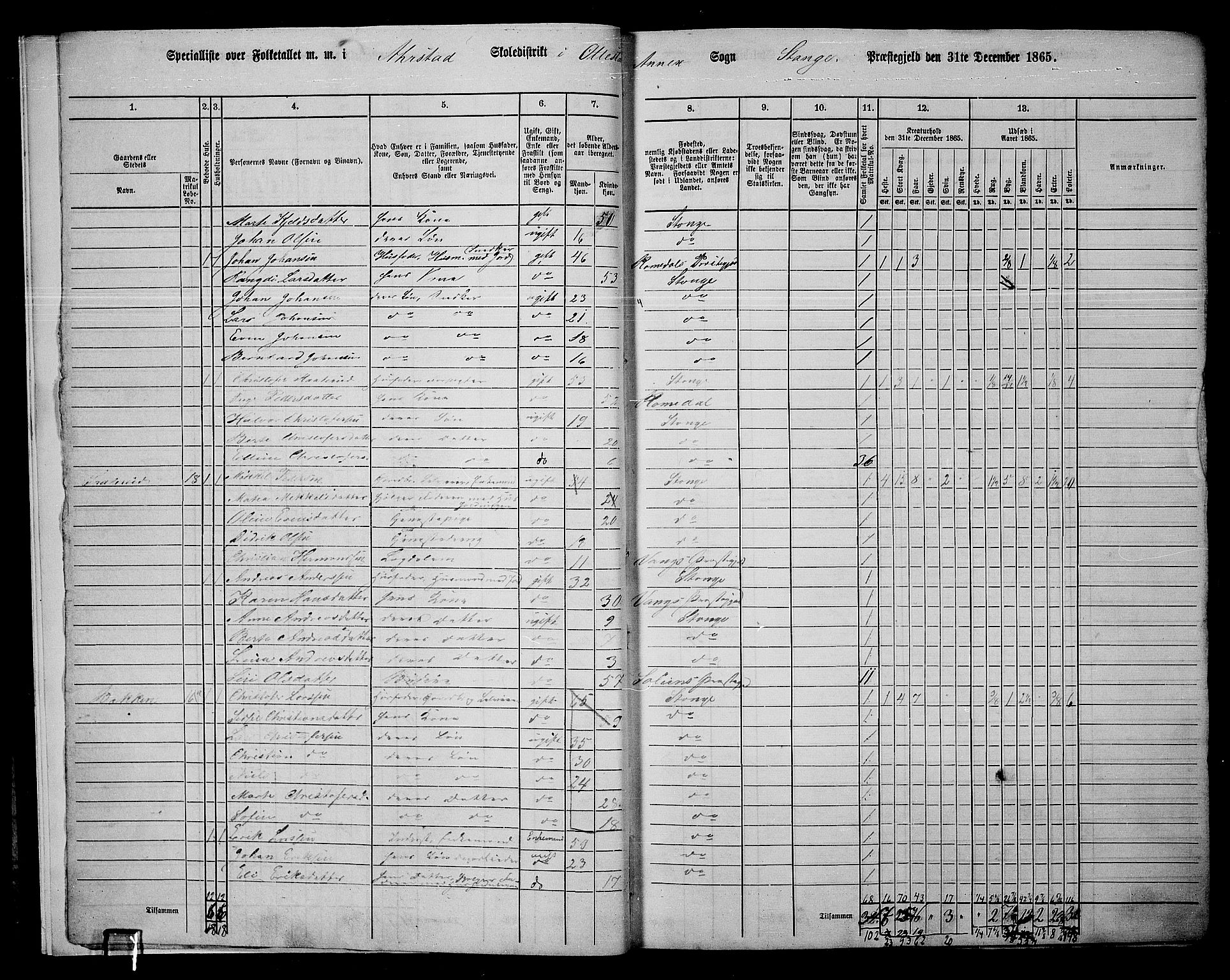 RA, 1865 census for Stange, 1865, p. 8