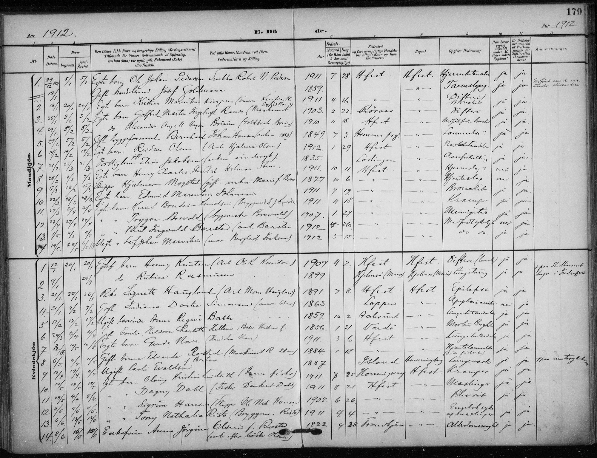 Hammerfest sokneprestkontor, SATØ/S-1347/H/Ha/L0014.kirke: Parish register (official) no. 14, 1906-1916, p. 179